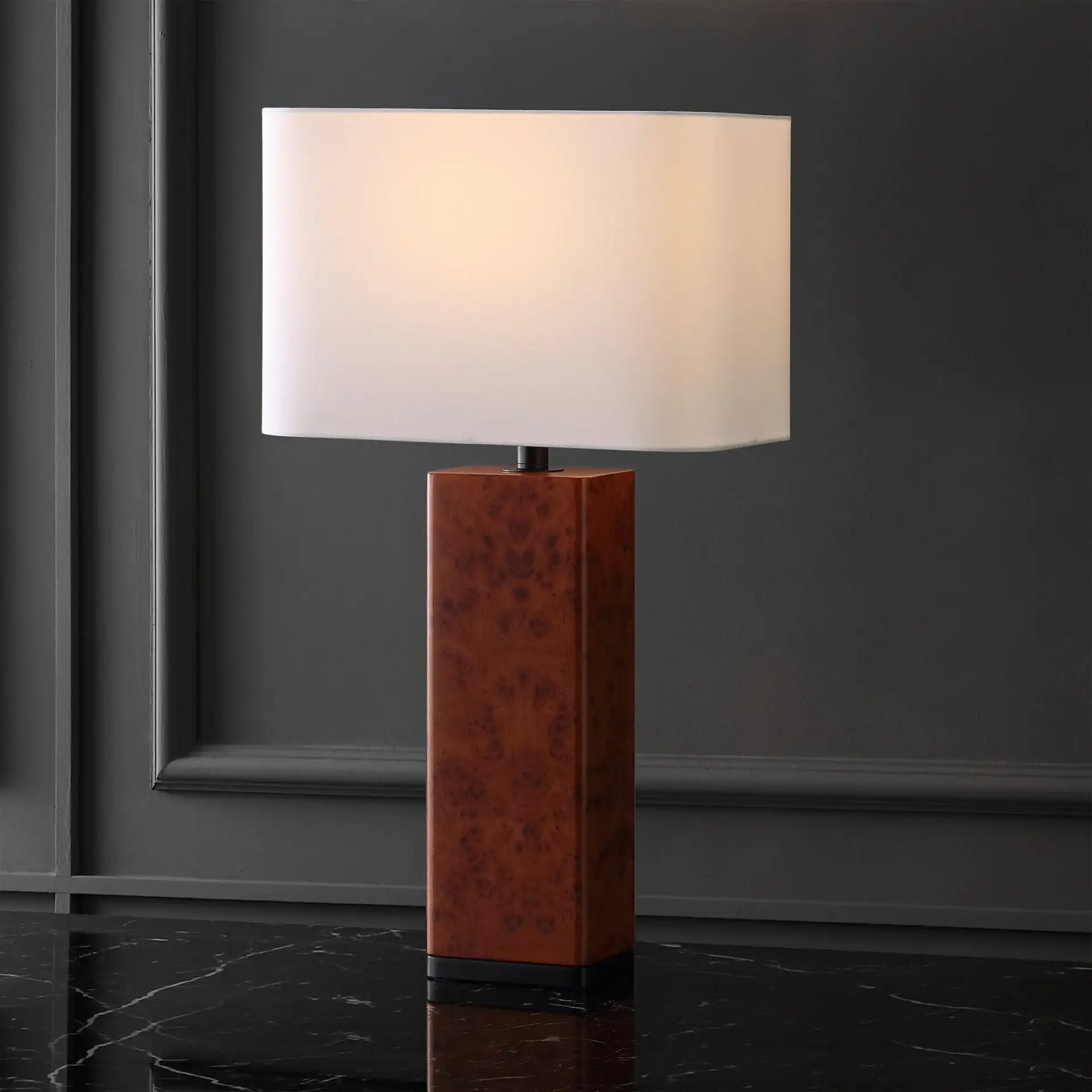 Elsee Burl Wood Table Lamp in Walnut Burl / White in a styled room