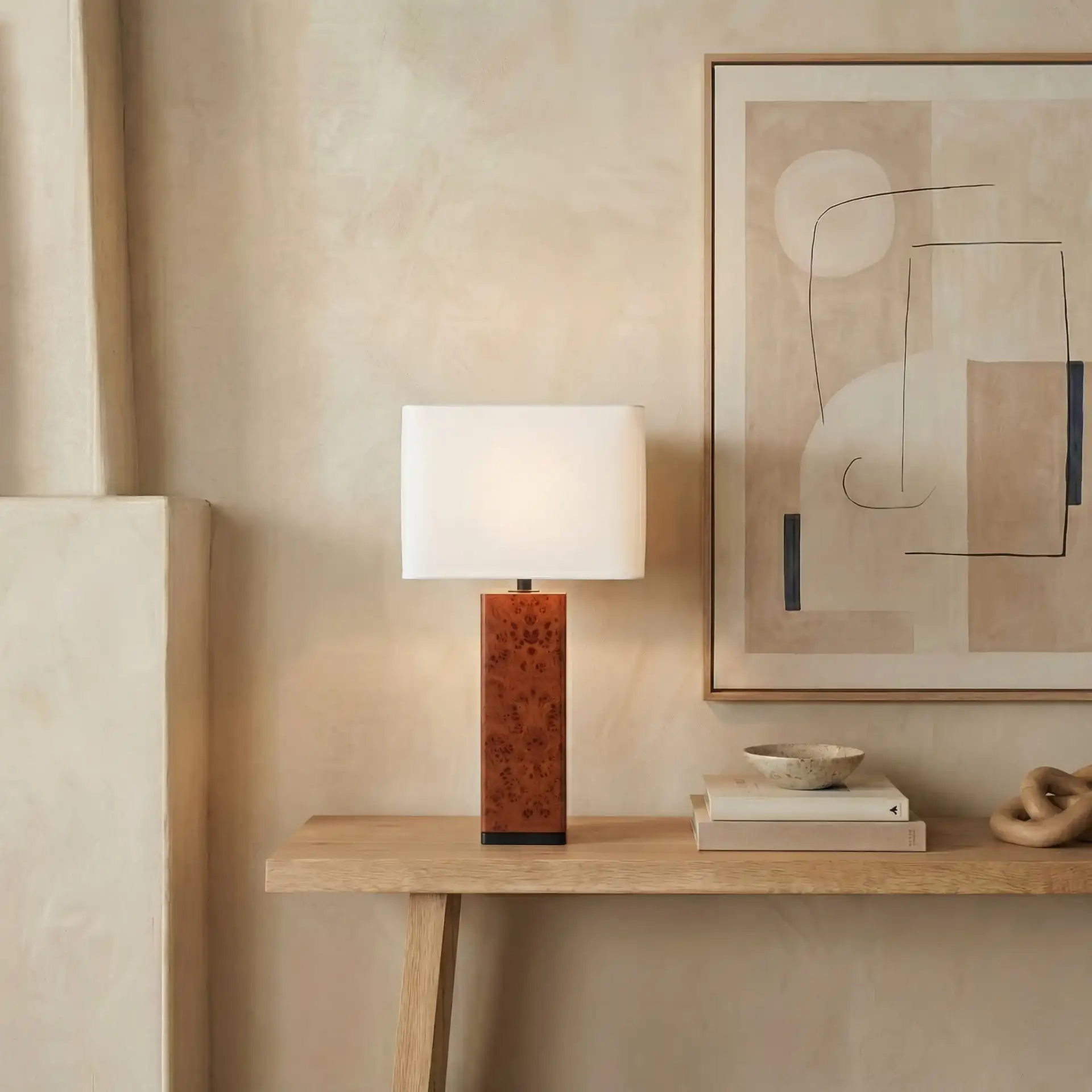 Elsee Burl Wood Table Lamp in Walnut Burl / White in a styled room