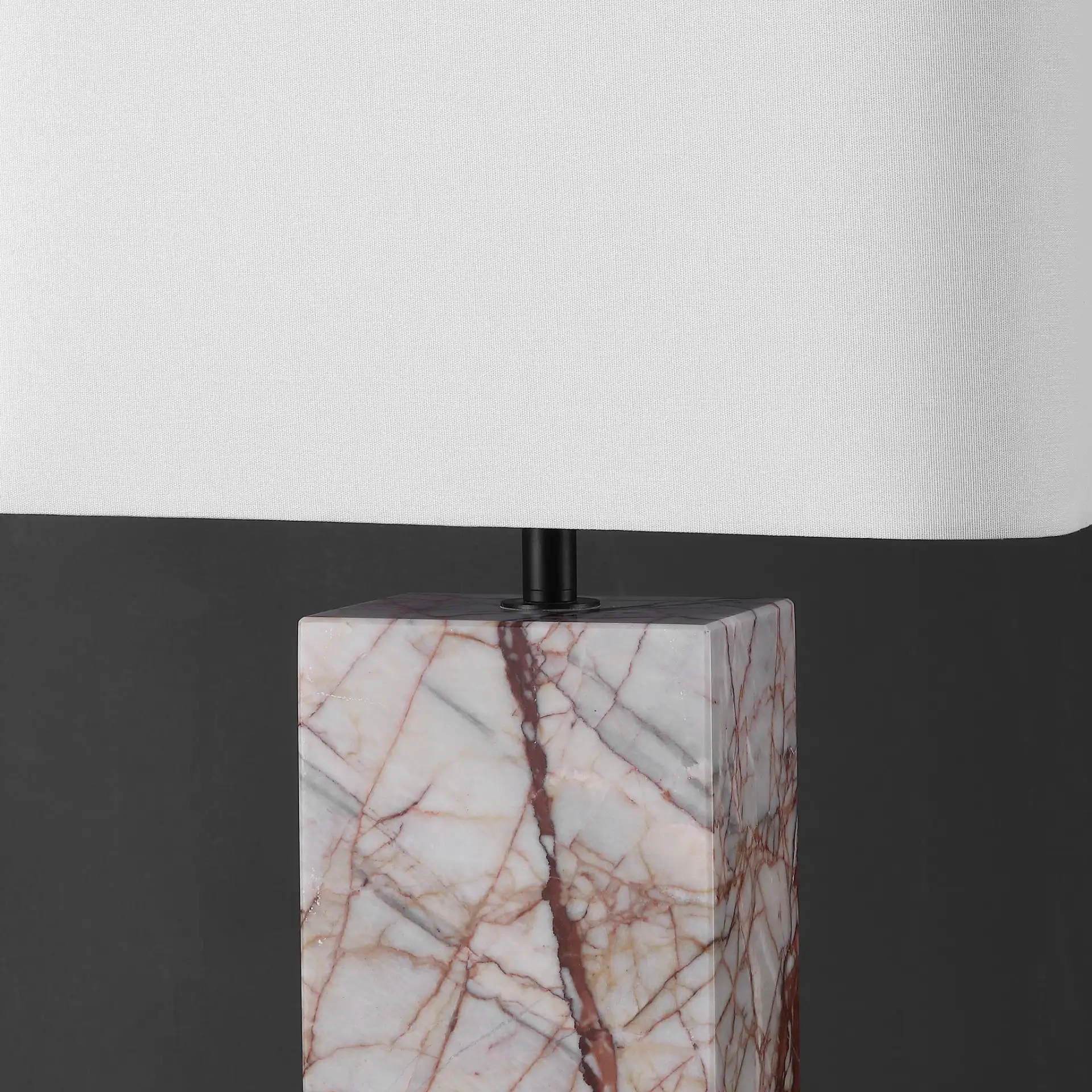 Chrisette Marble Base Table Lamp in White / Red in a styled room