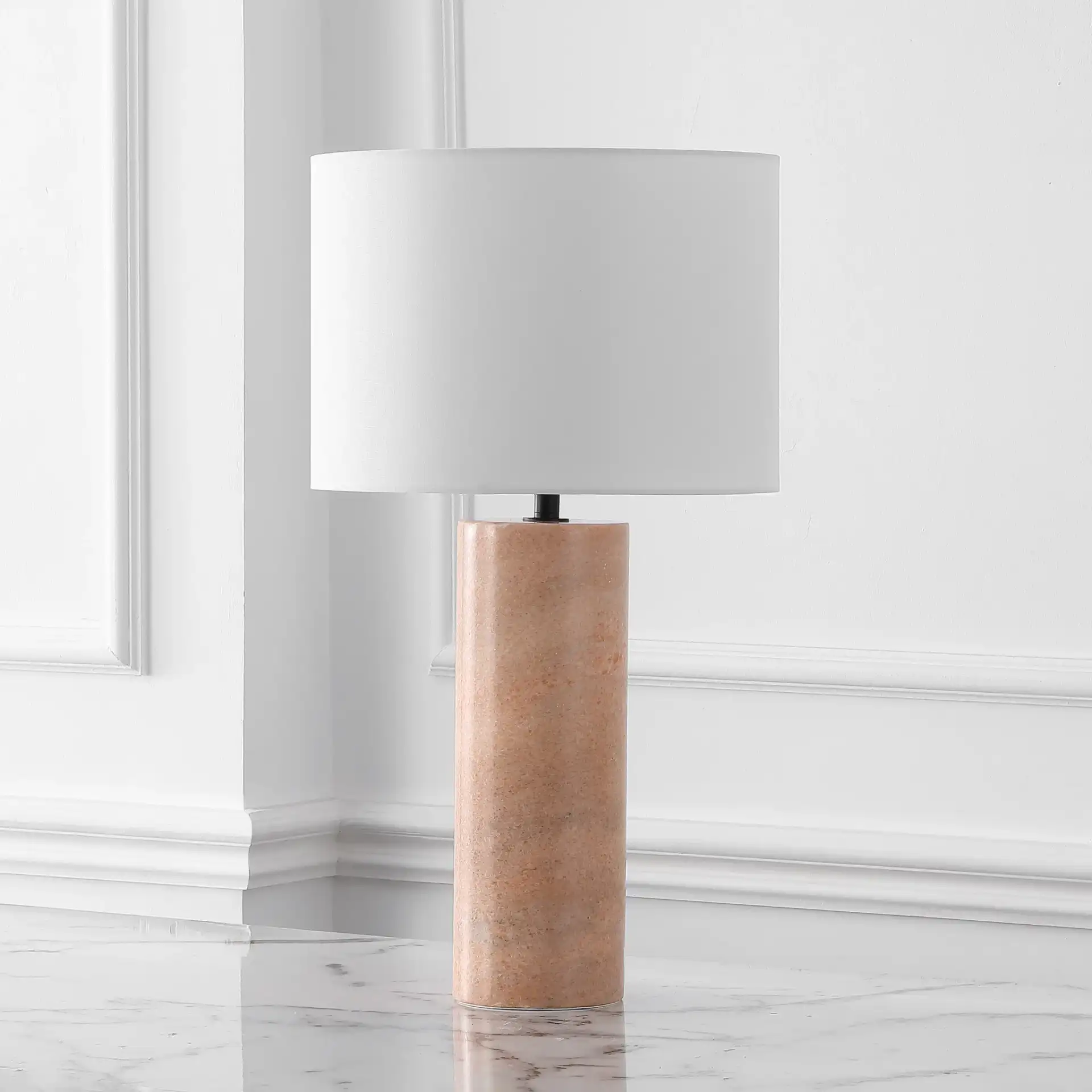 Jillianna Round Marble Table Lamp in Gray / White in a styled room