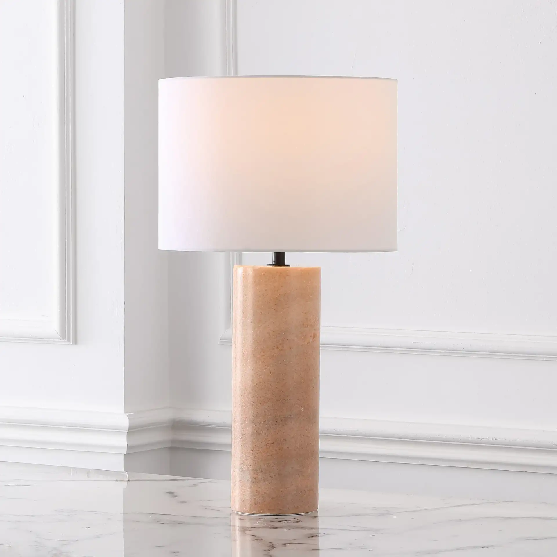 Jillianna Round Marble Table Lamp in Gray / White in a styled room