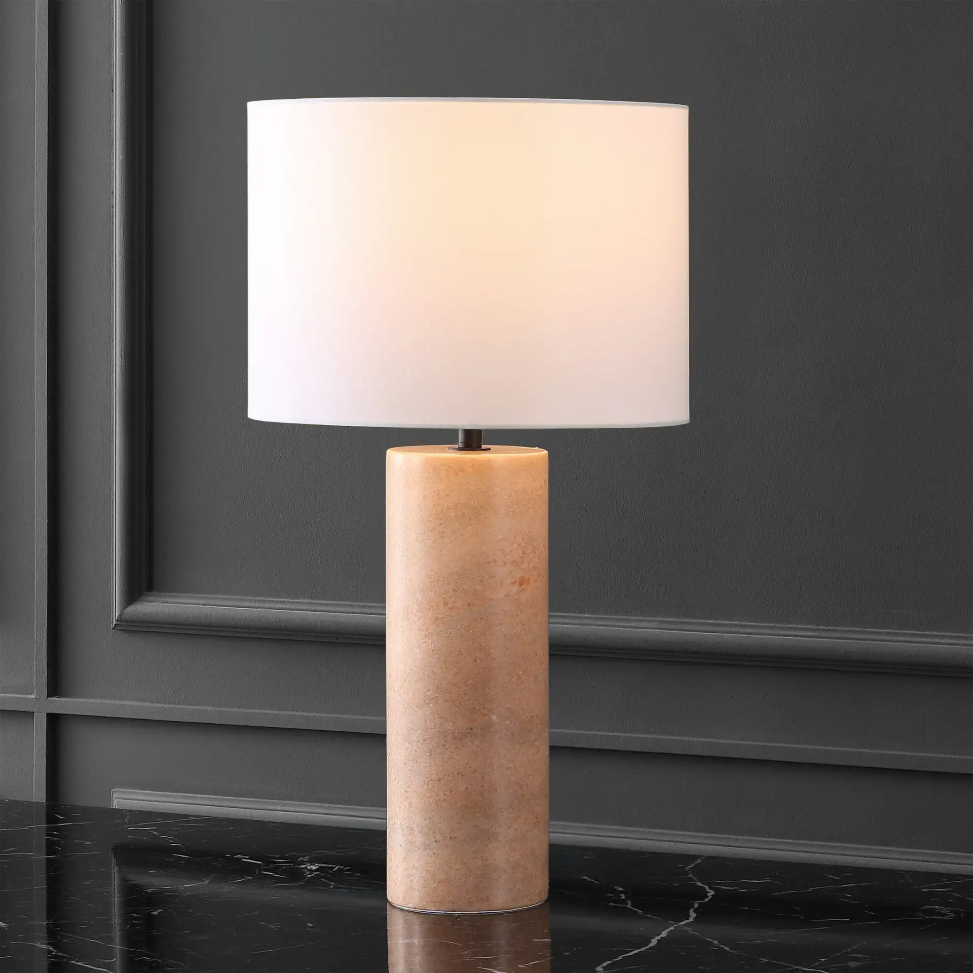 Jillianna Round Marble Table Lamp in Gray / White in a styled room