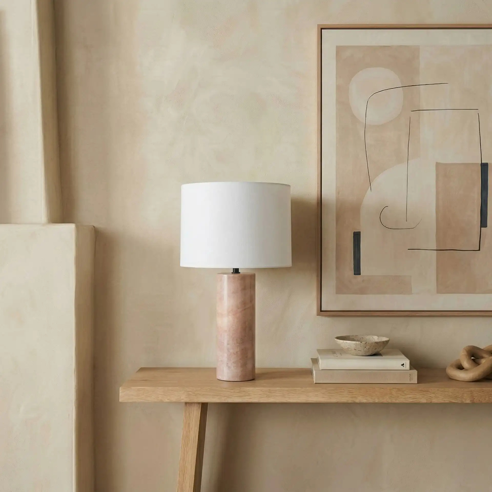 Jillianna Round Marble Table Lamp in Gray / White in a styled room