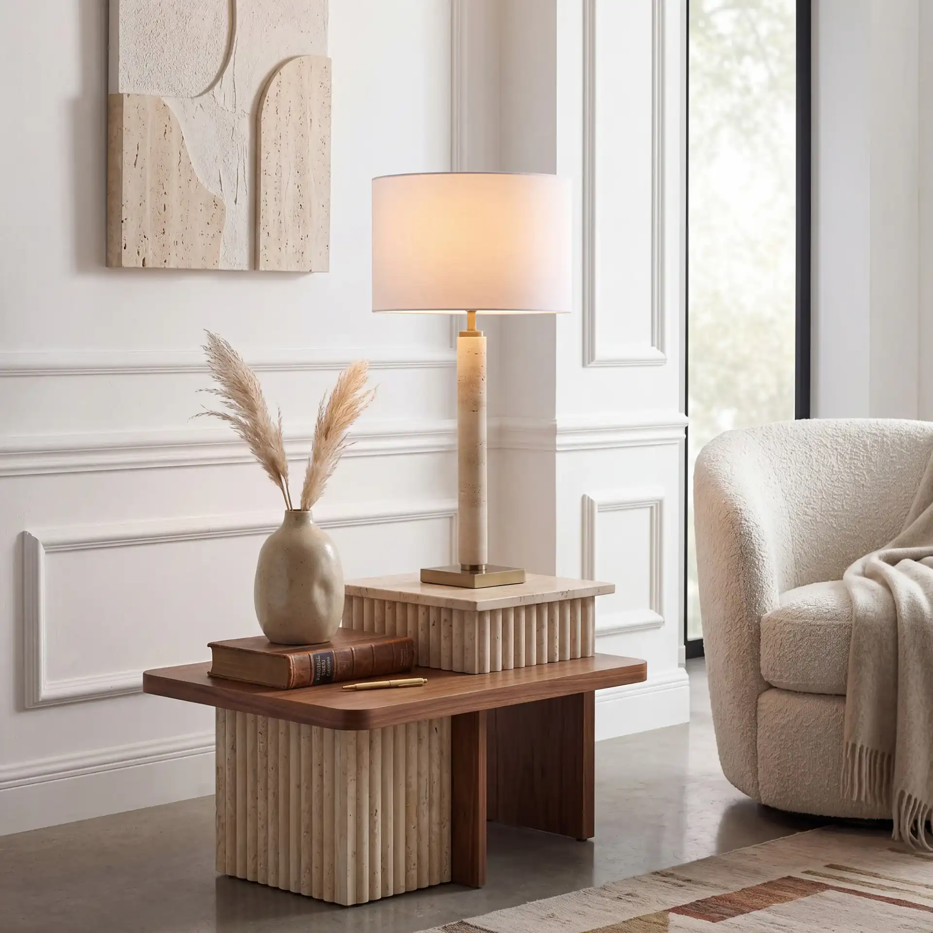 Elinora Travertine Table Lamp in Travertine / White in a styled room