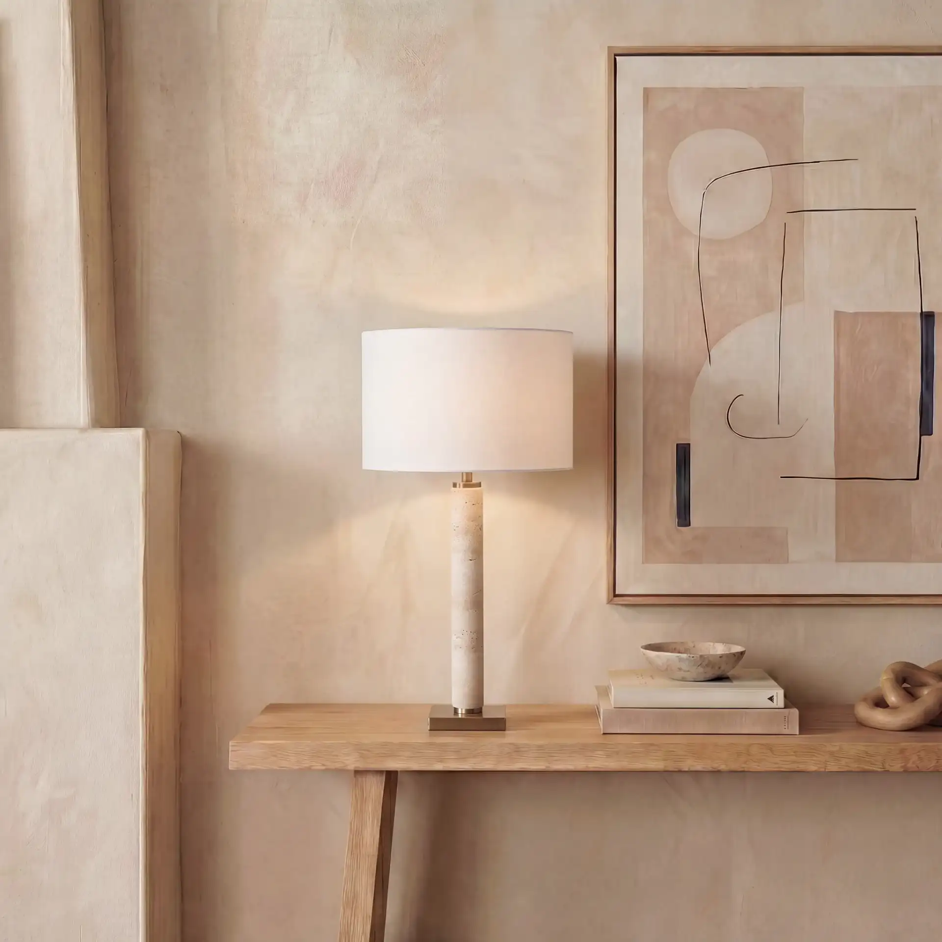 Elinora Travertine Table Lamp in Travertine / White in a styled room
