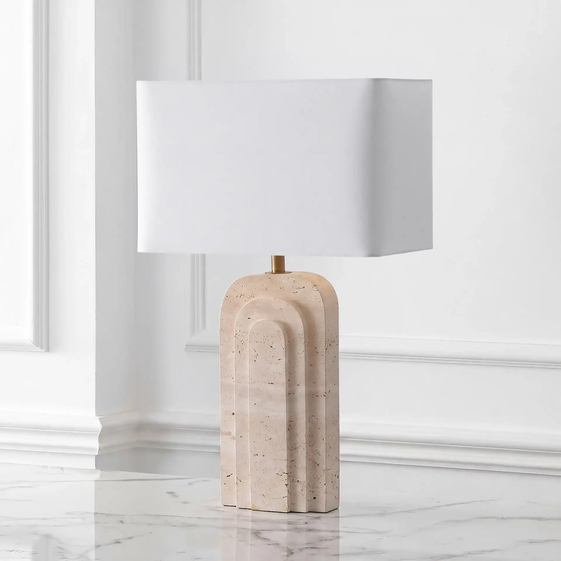 Rodrick Travertine Table Lamp in Travertine / White in a styled room