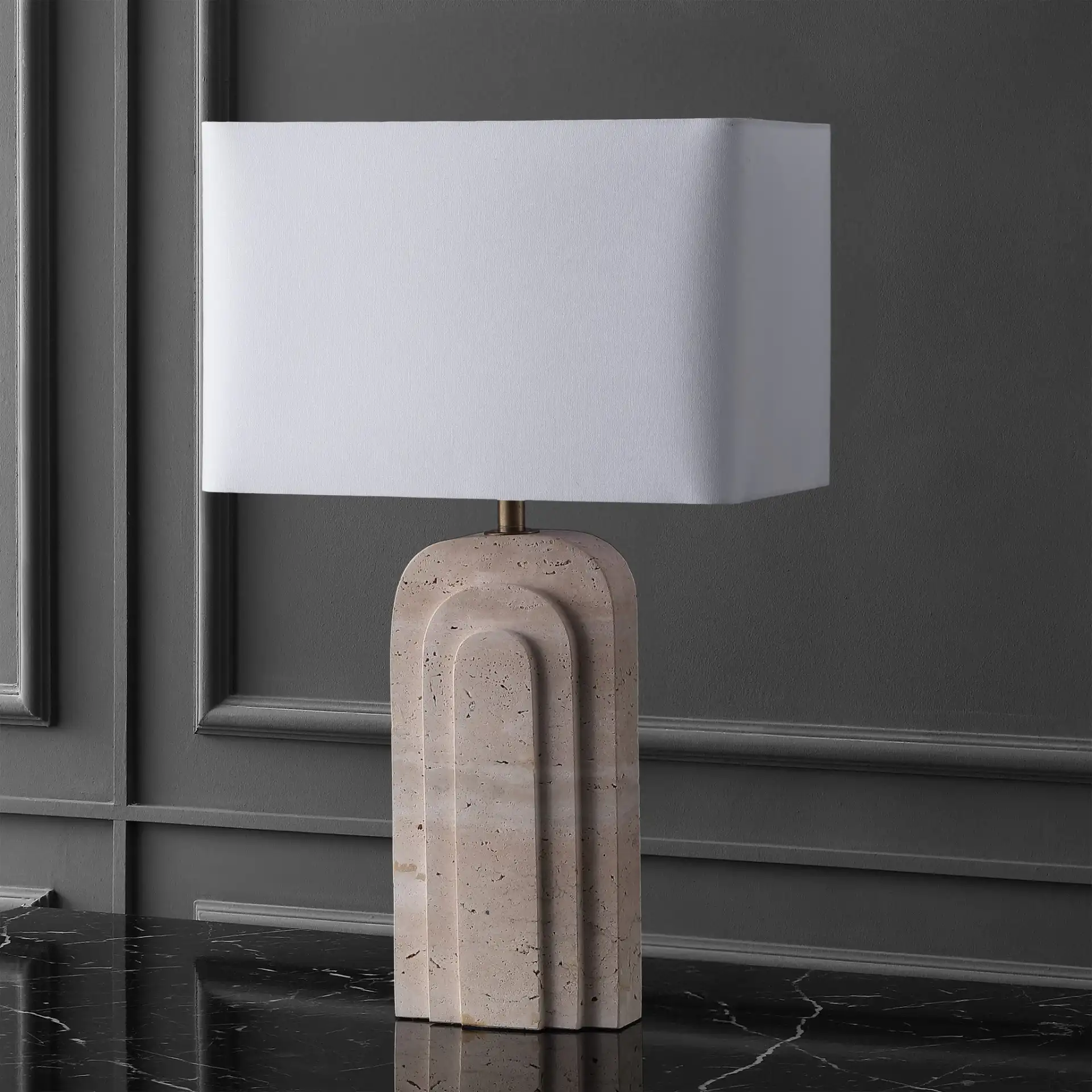 Rodrick Travertine Table Lamp in Travertine / White, detail view
