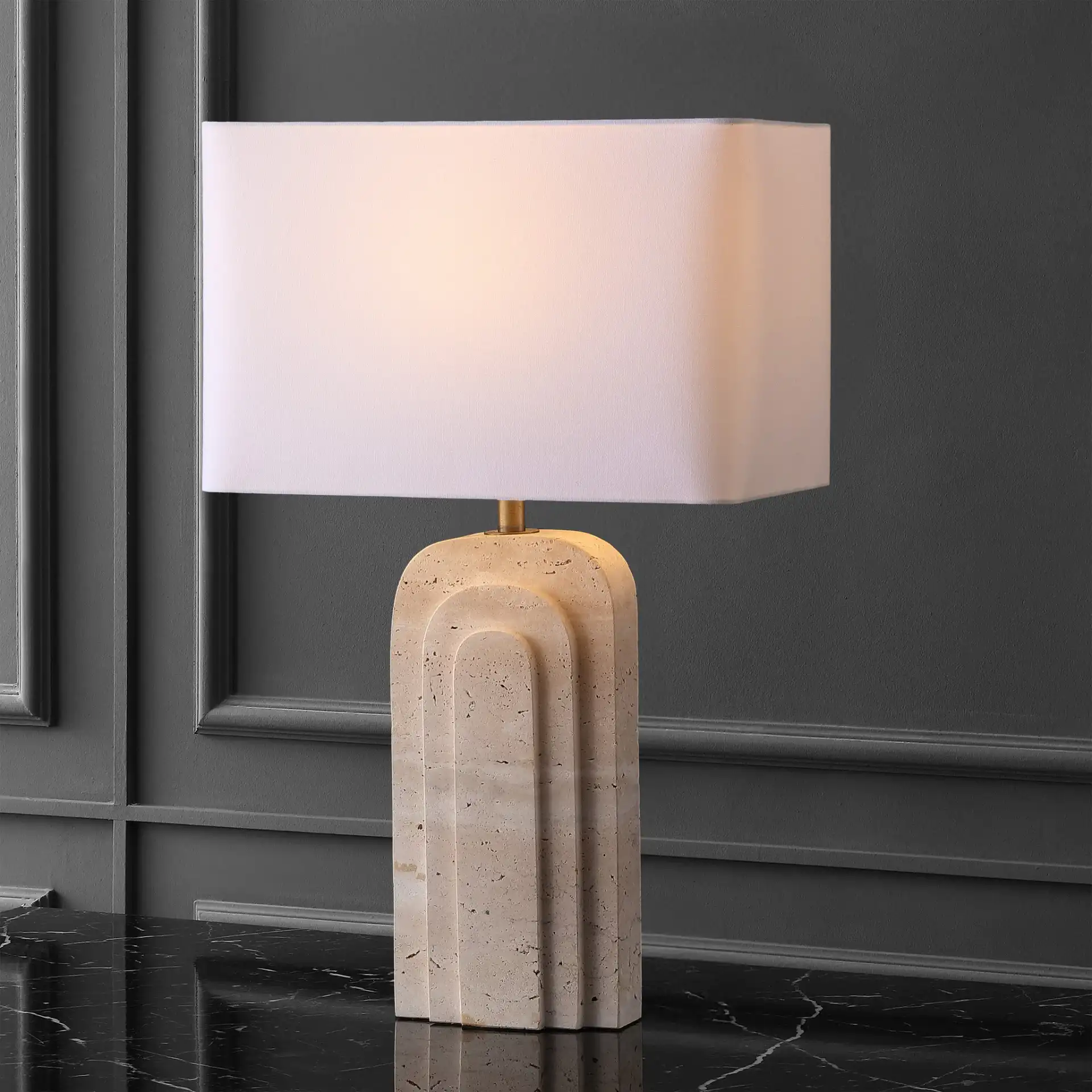 Rodrick Travertine Table Lamp in Travertine / White in a styled room