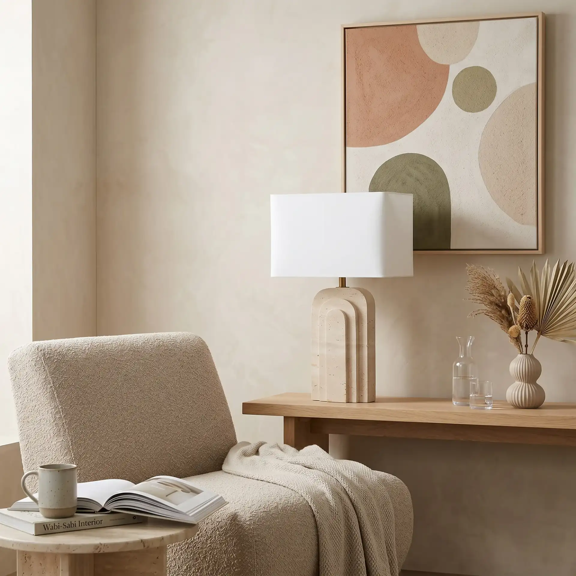 Rodrick Travertine Table Lamp in Travertine / White in a styled room
