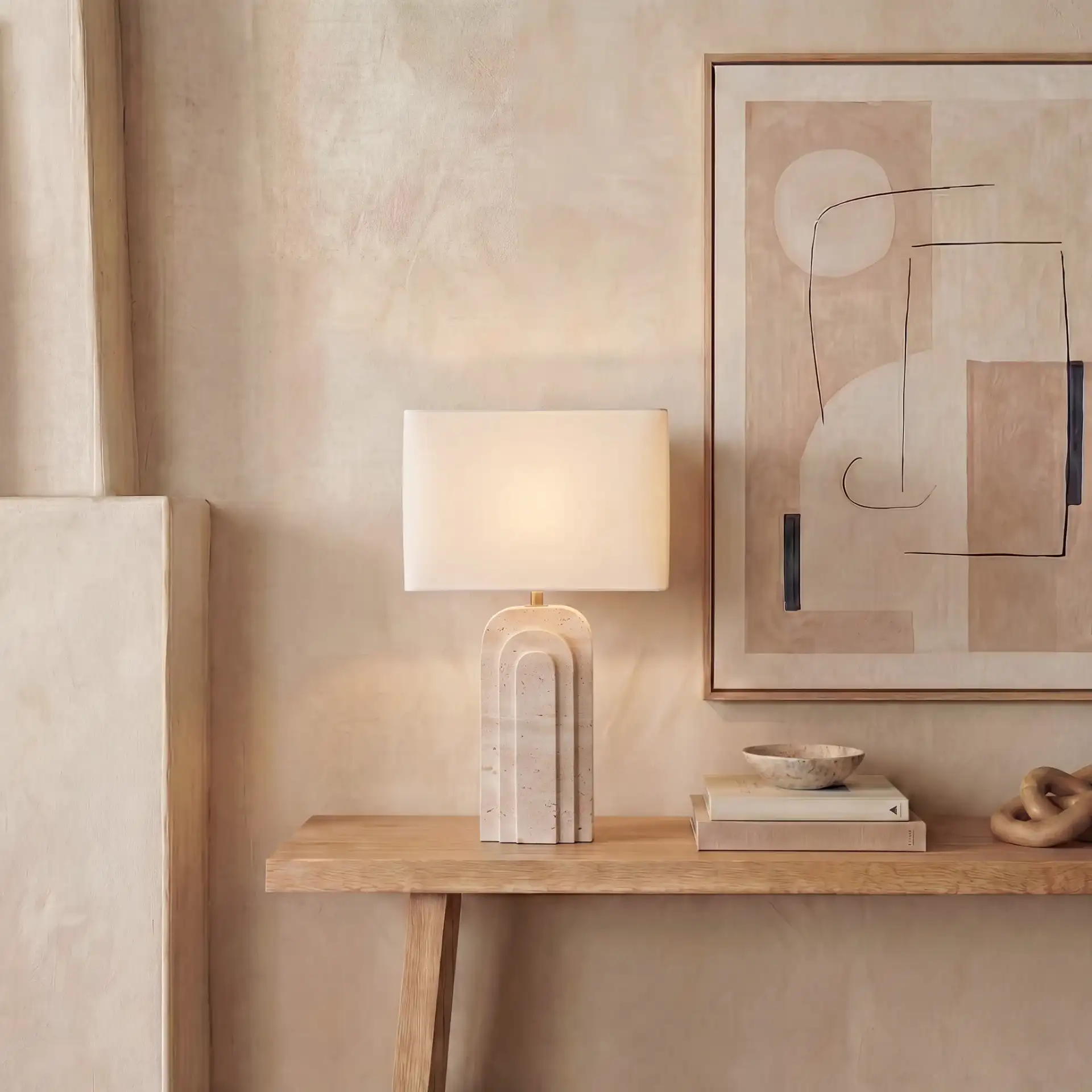 Rodrick Travertine Table Lamp in Travertine / White in a styled room
