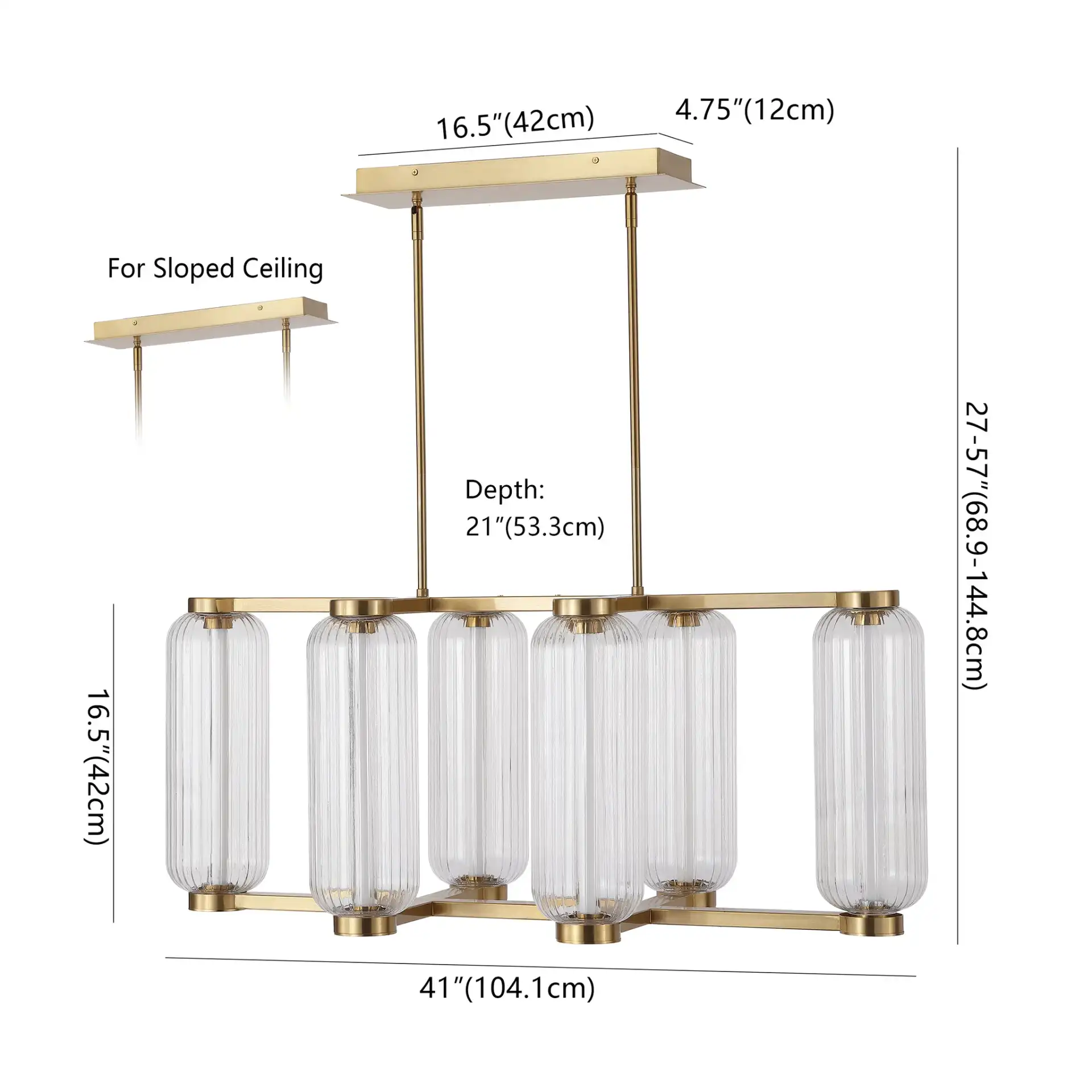 Cyndy Rectangular Glass Chandelier in Gold / Clear, detail view