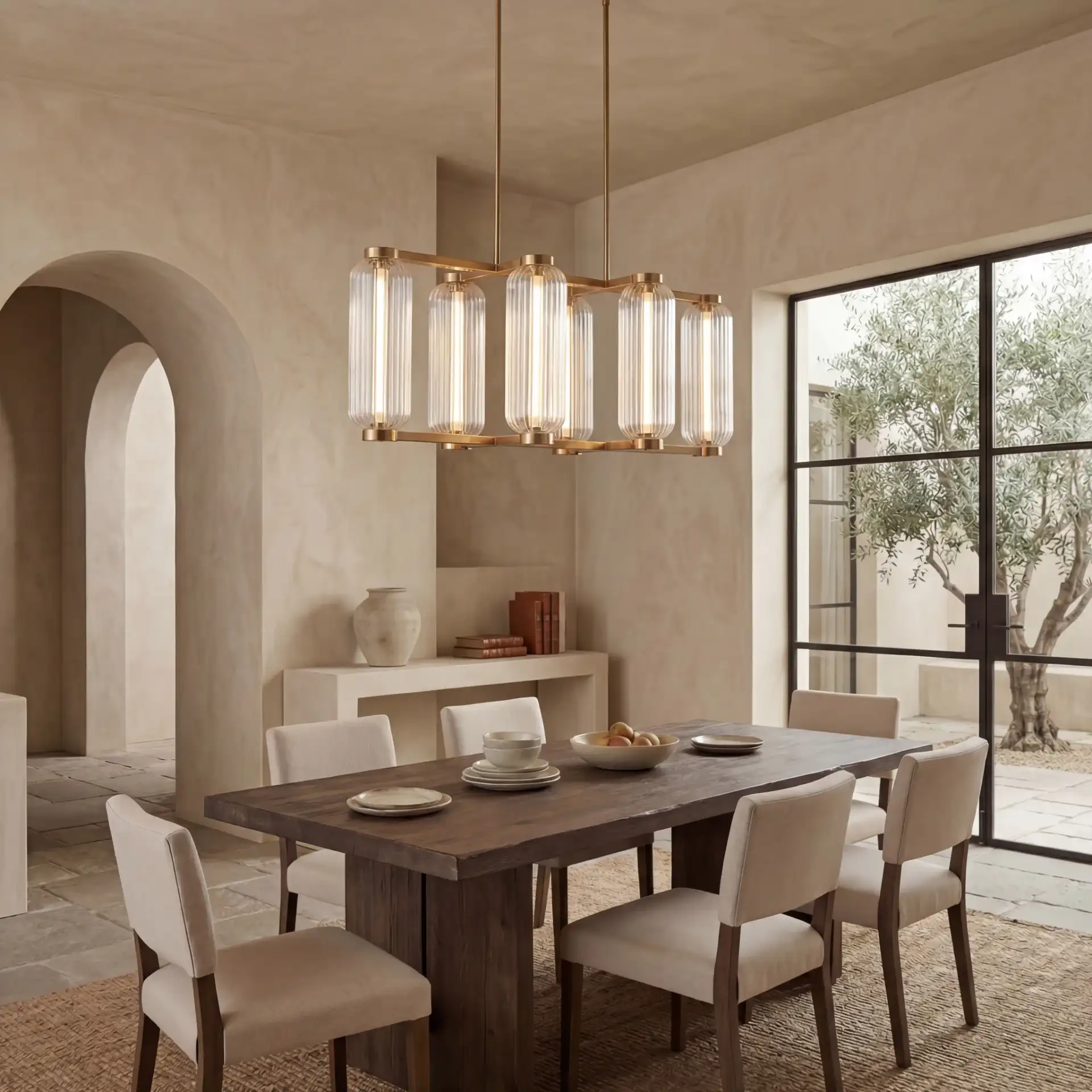 Cyndy Rectangular Glass Chandelier in Gold / Clear in a styled room