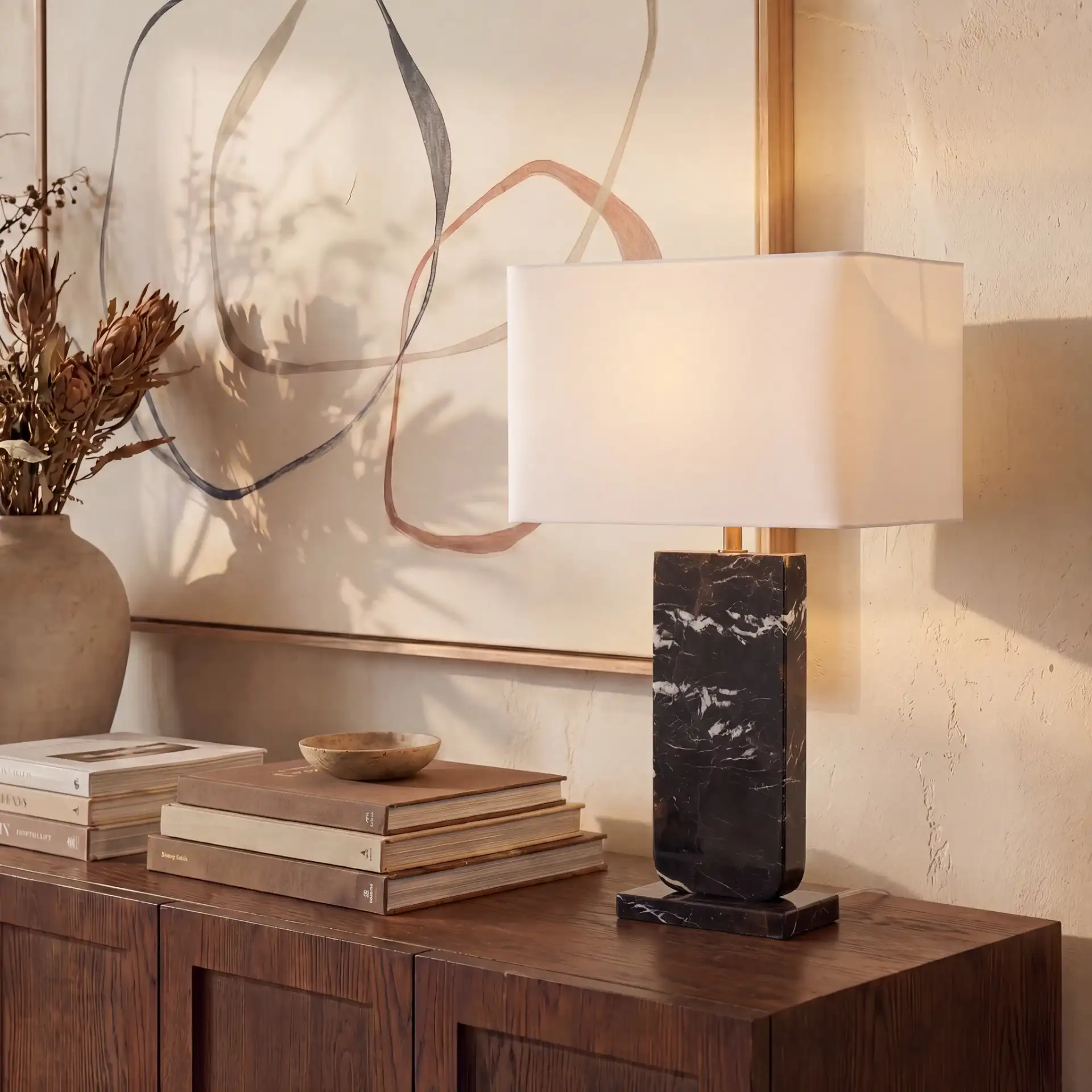 Nikolaus Marble Table Lamp in Black / White in a styled room