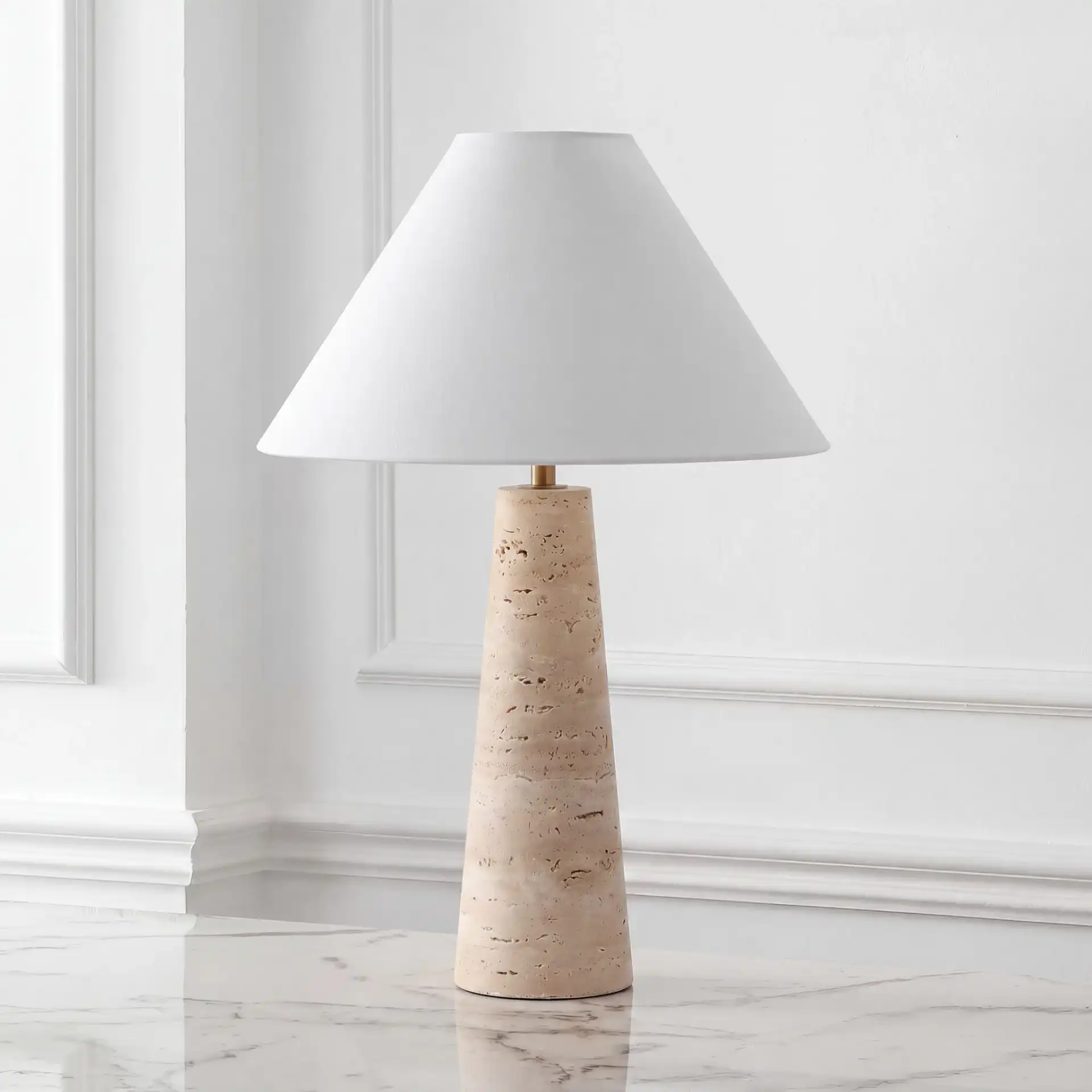 Dante Travertine Table Lamp in Travertine / White in a styled room