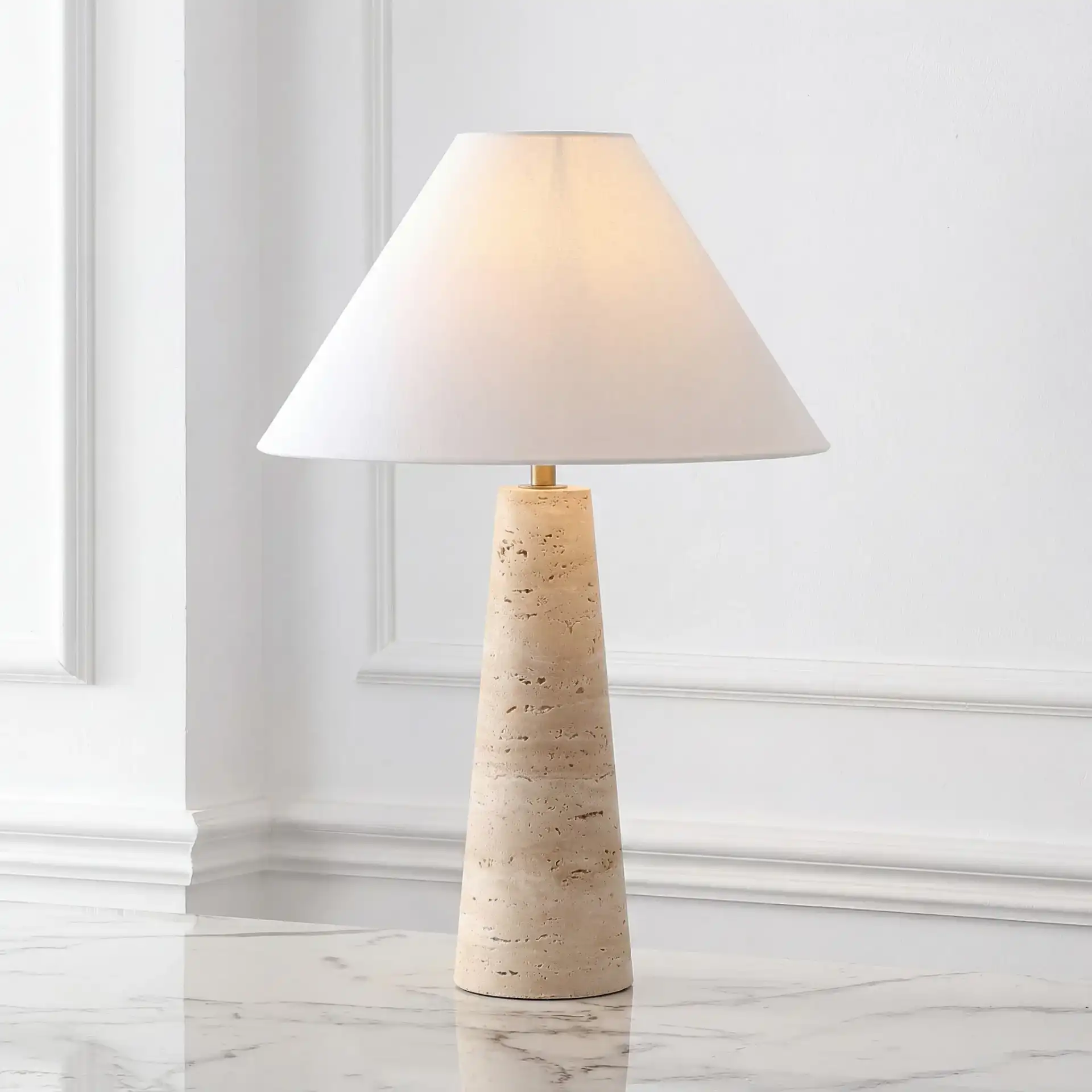 Dante Travertine Table Lamp in Travertine / White in a styled room