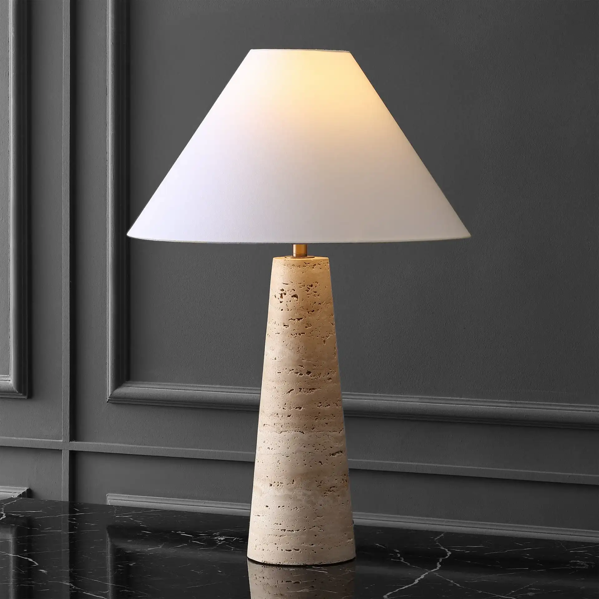 Dante Travertine Table Lamp in Travertine / White in a styled room