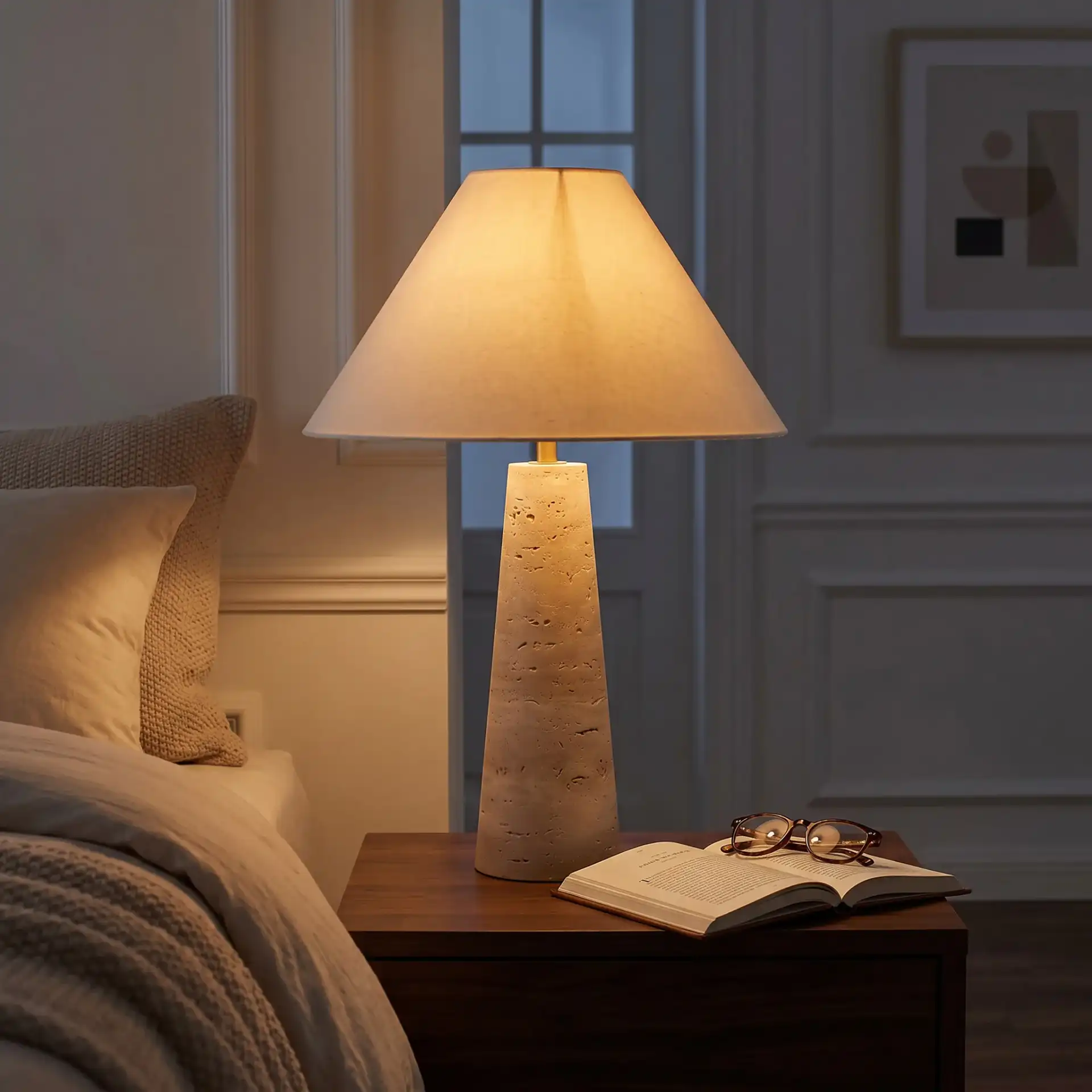 Dante Travertine Table Lamp in Travertine / White in a styled room