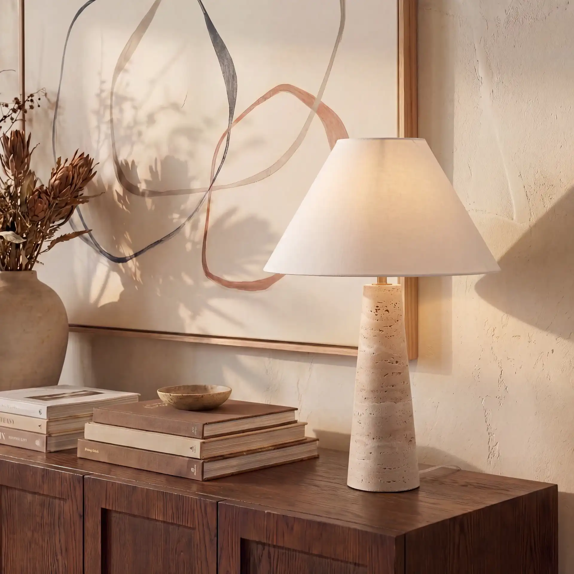 Dante Travertine Table Lamp in Travertine / White in a styled room