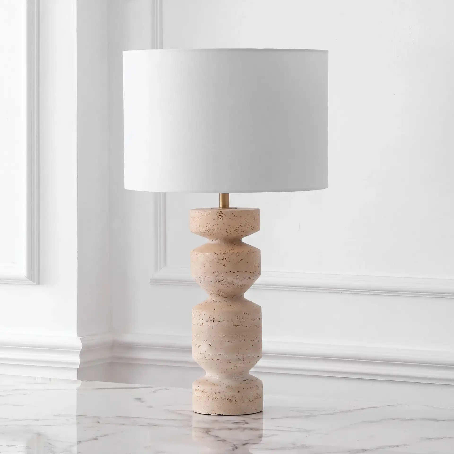 Jiminy Travertine Table Lamp in Travertine / White in a styled room