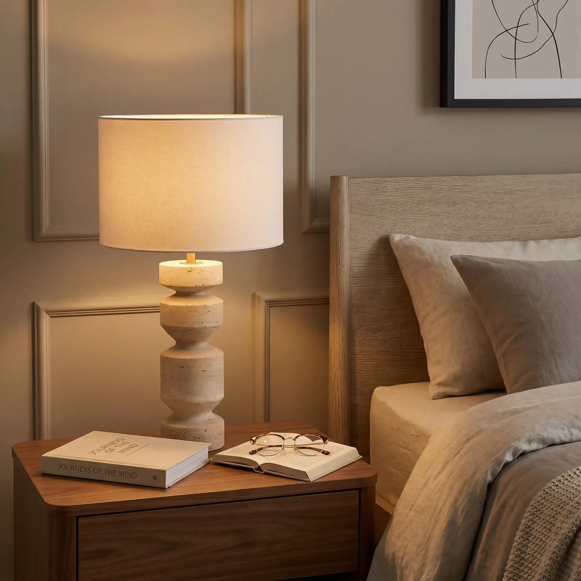 Jiminy Travertine Table Lamp in Travertine / White in a styled room