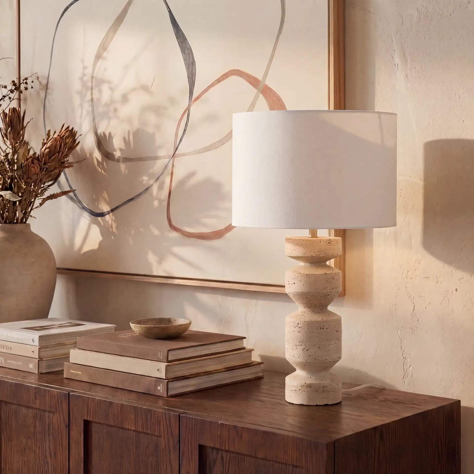 Jiminy Travertine Table Lamp in Travertine / White in a styled room