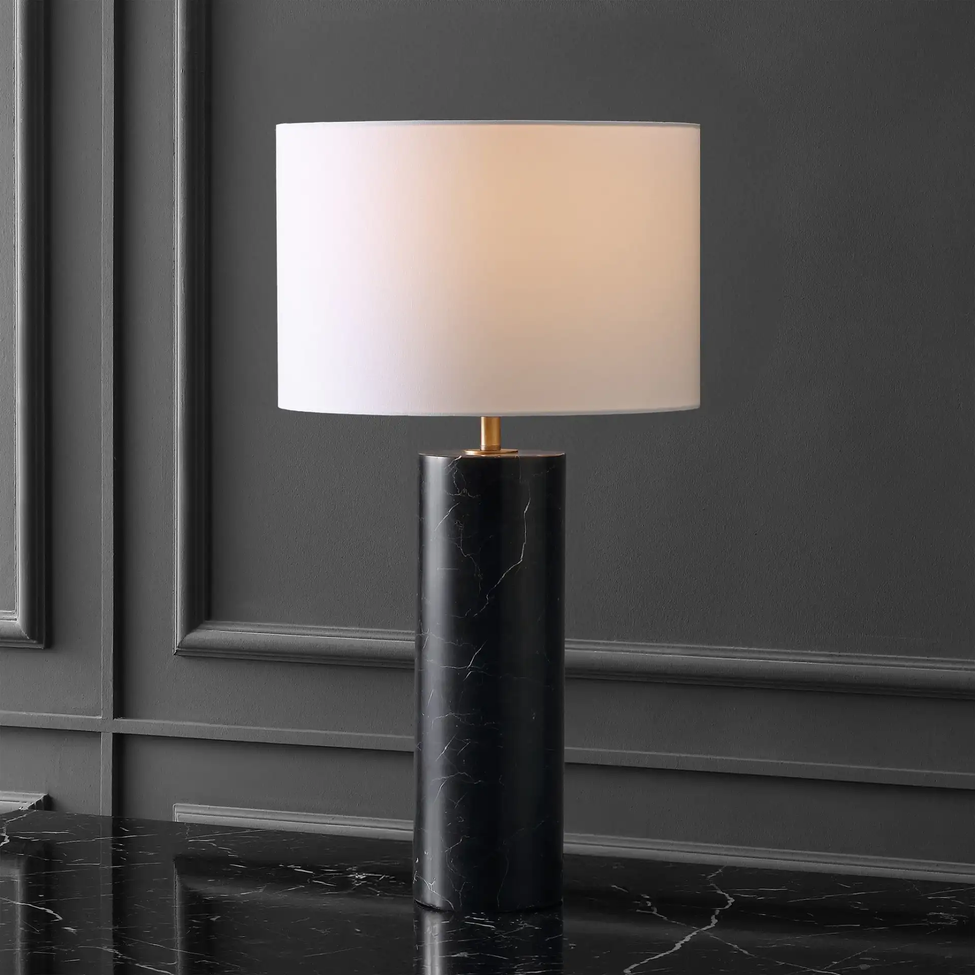 Hilary Marble Table Lamp in Black / White in a styled room
