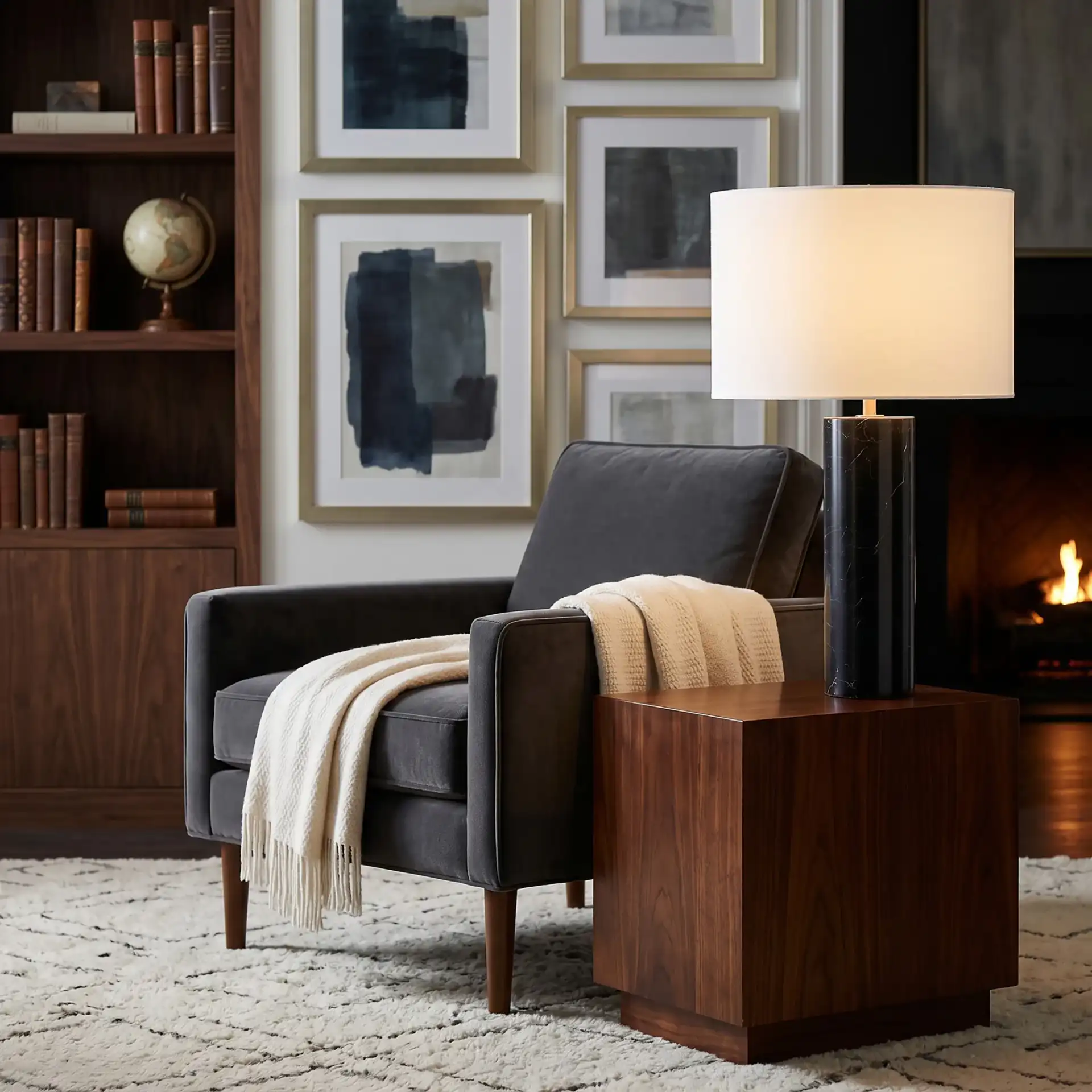 Hilary Marble Table Lamp in Black / White in a styled room