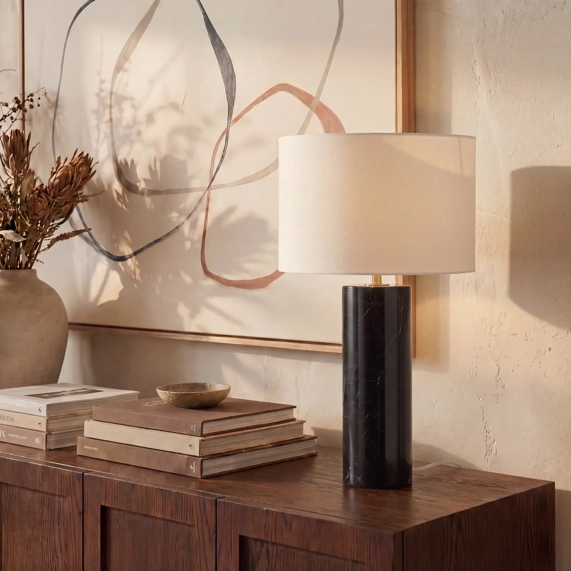 Hilary Marble Table Lamp in Black / White in a styled room