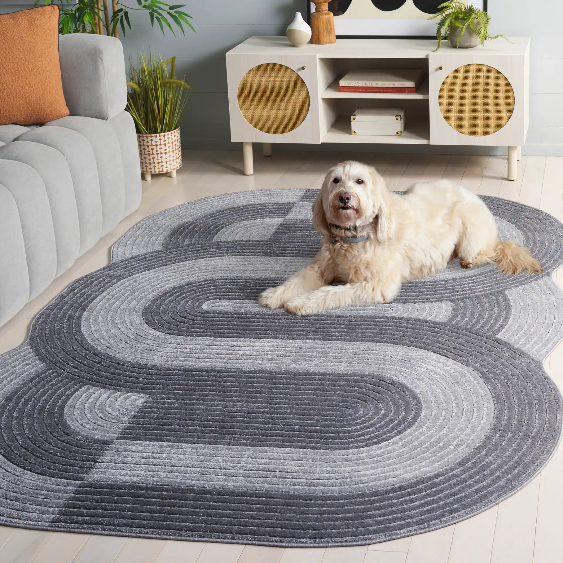 Contour Scalloped Loop Rug in Gray / Dark Gray in a styled room