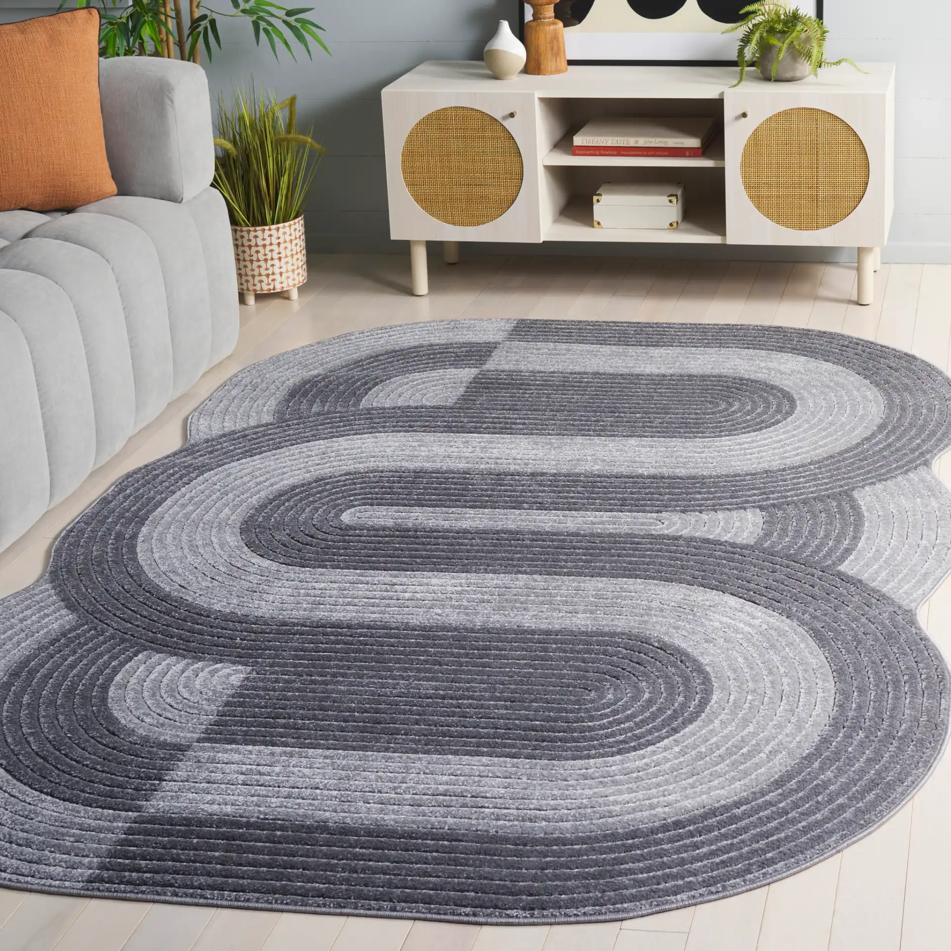 Contour Scalloped Loop Rug in Gray / Dark Gray in a styled room