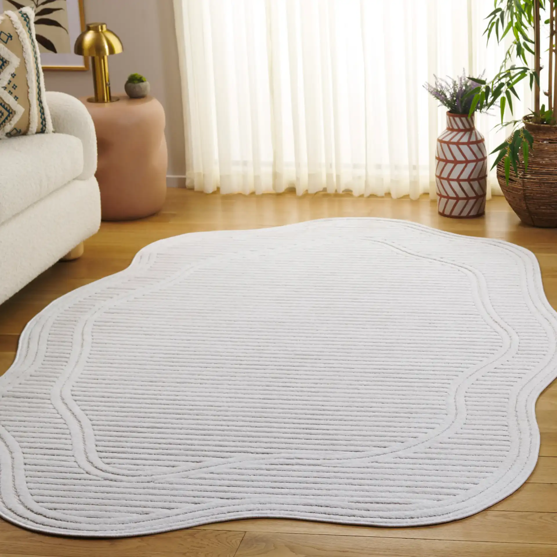 Contour Wavy Ribbed Rug in Ivory in a styled room