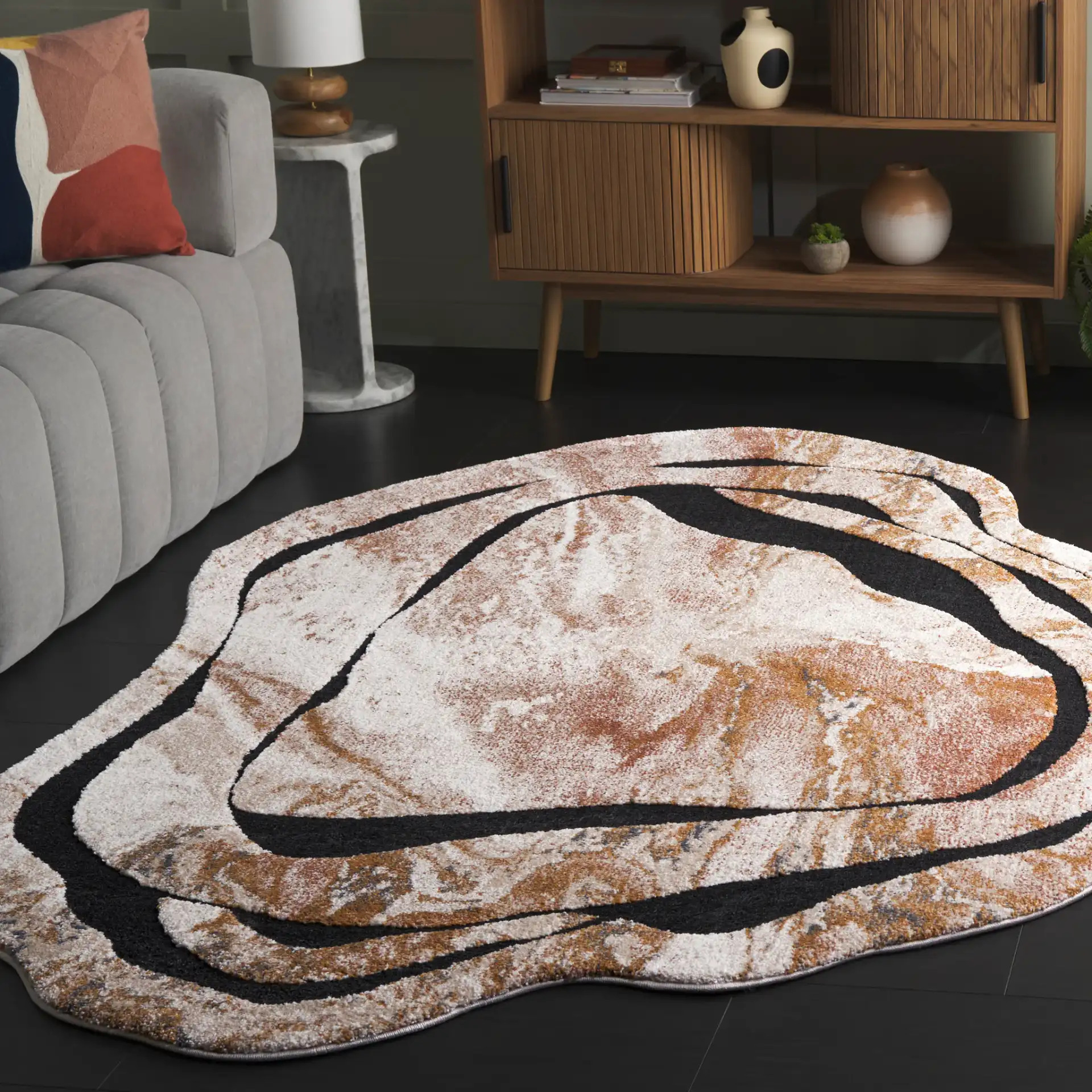 Contour Abstract Marbled Rug in Rust / Ivory in a styled room