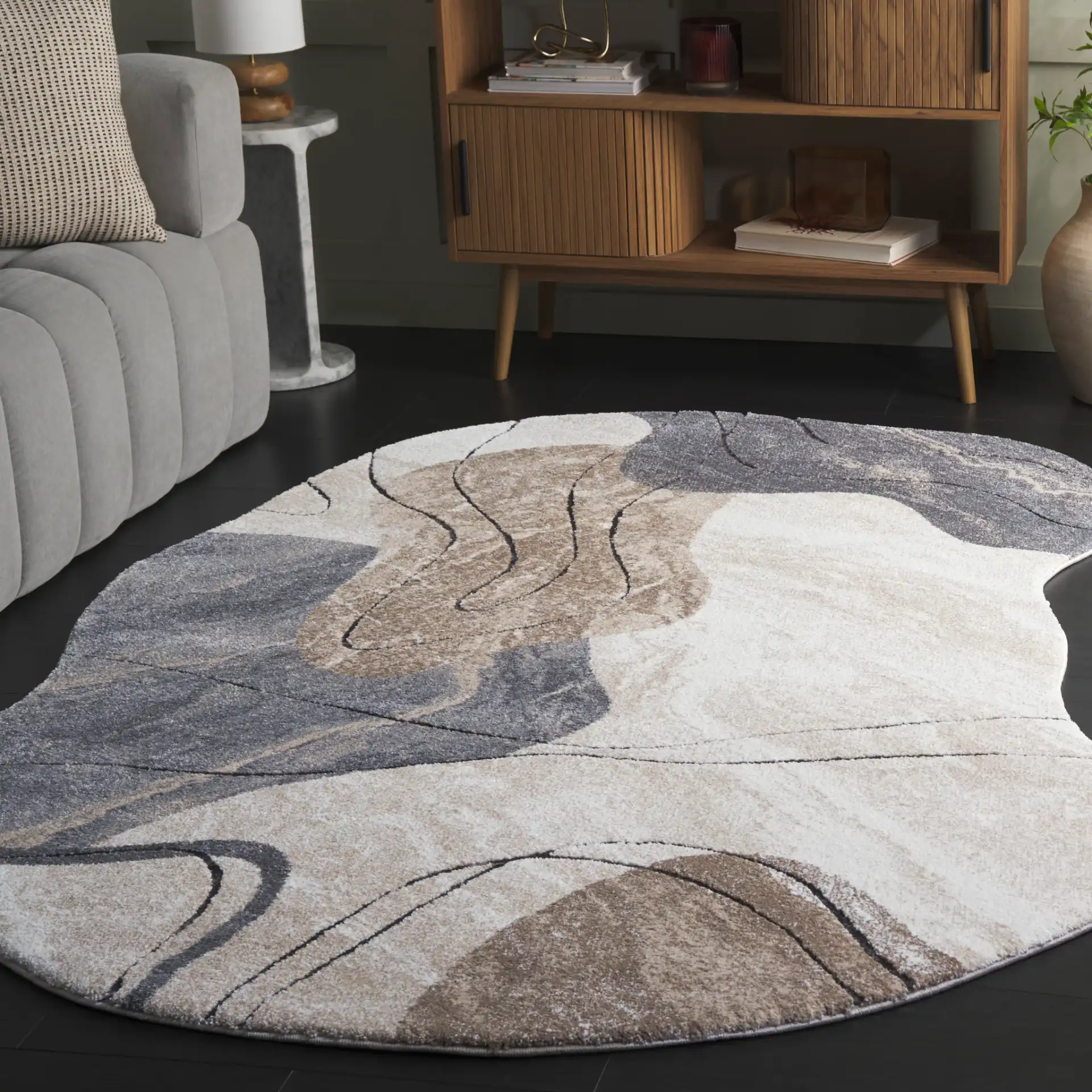 Contour Topographic Abstract Rug in Gray / Ivory in a styled room