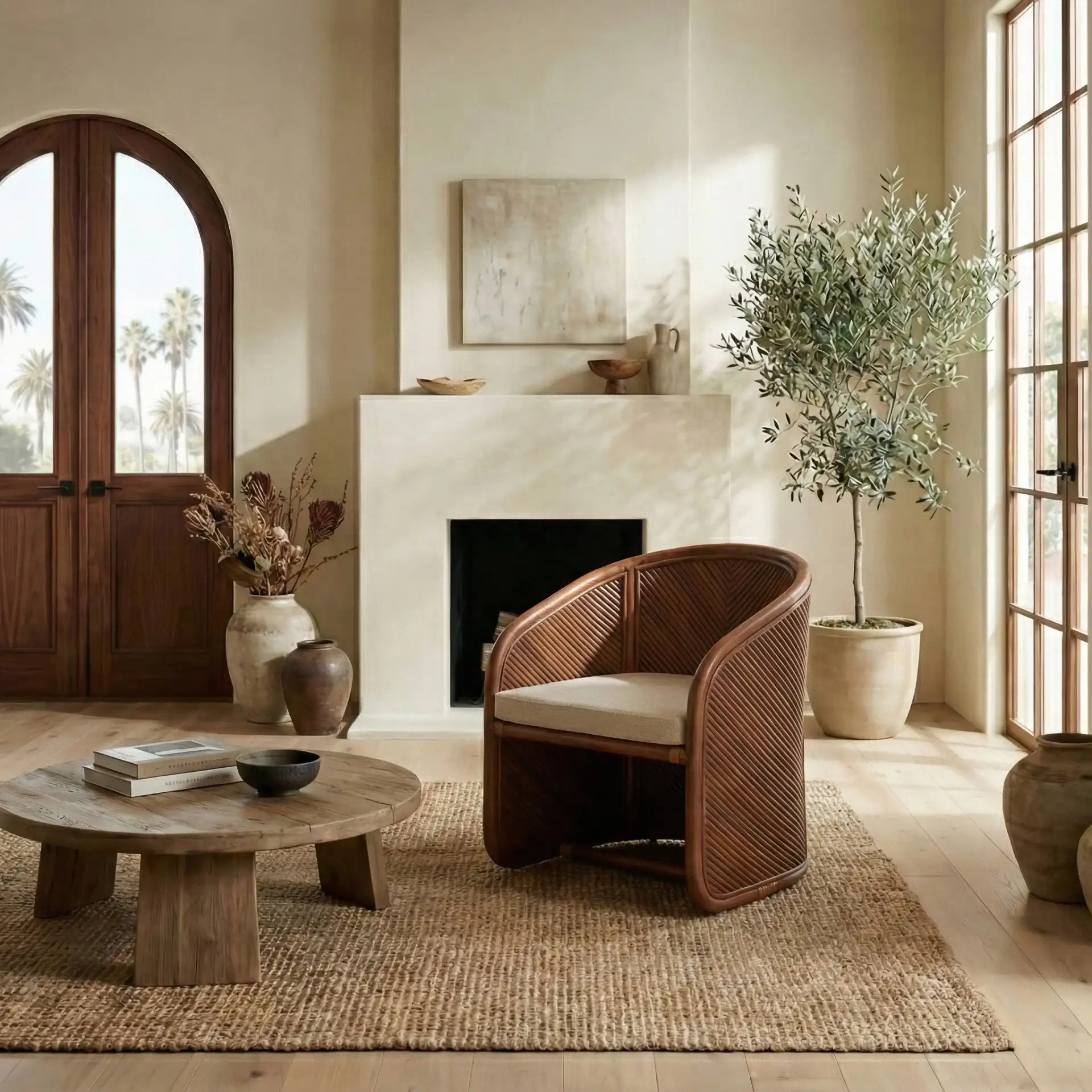 Barnette Rattan Pole Accent Chair in Amber / Beige in a styled room