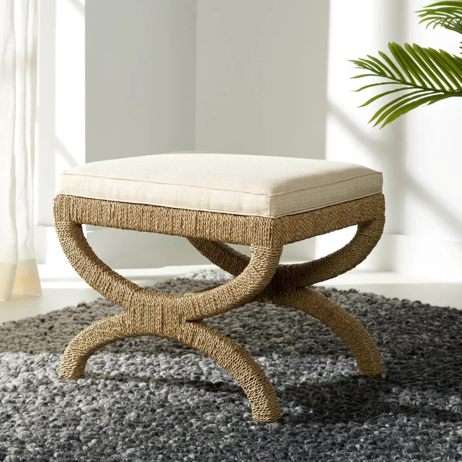 Aikan Woven Sea Grass Ottoman in Natural / Beige in a styled room