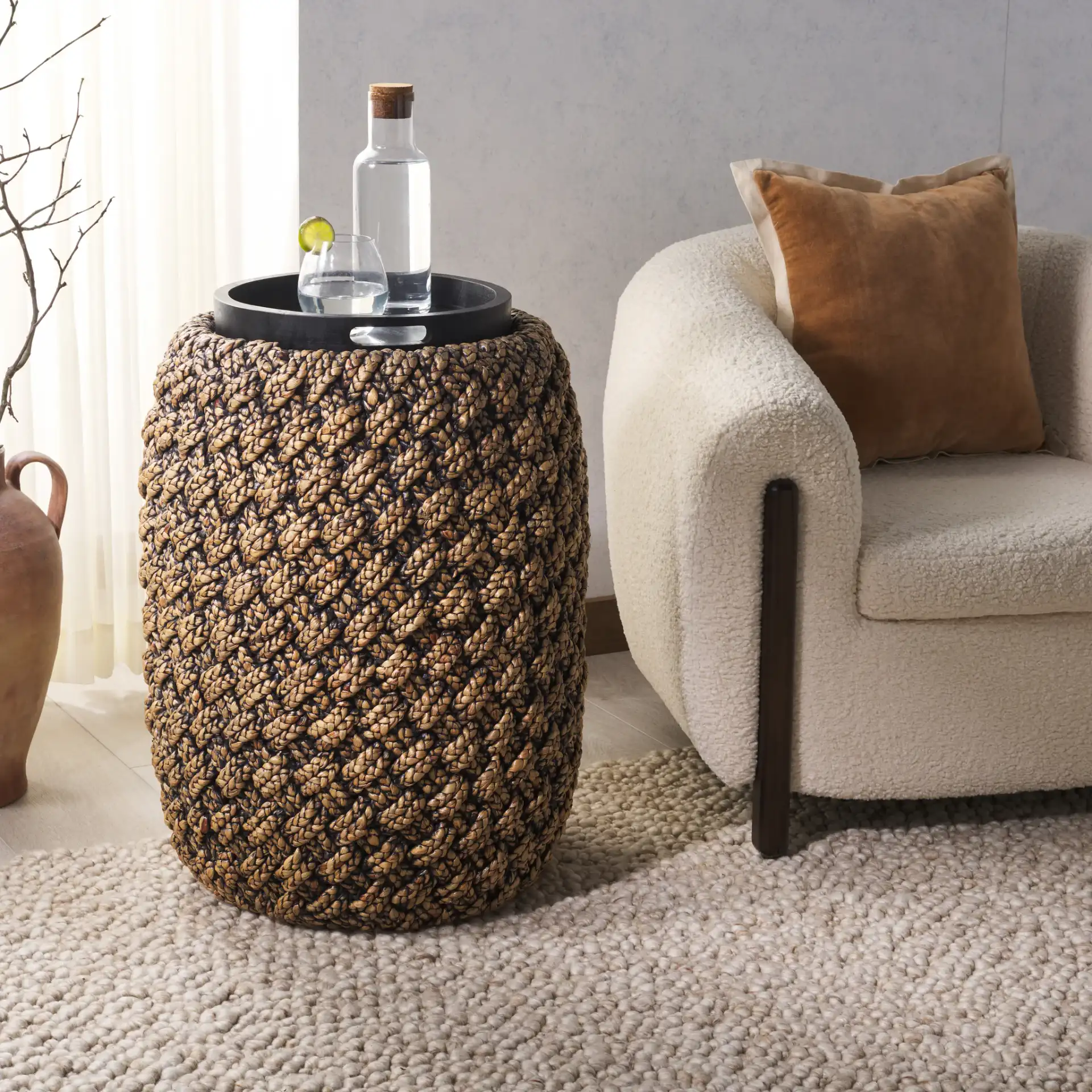 Bayley Accent Table in Natural / Dark Brown in a styled room