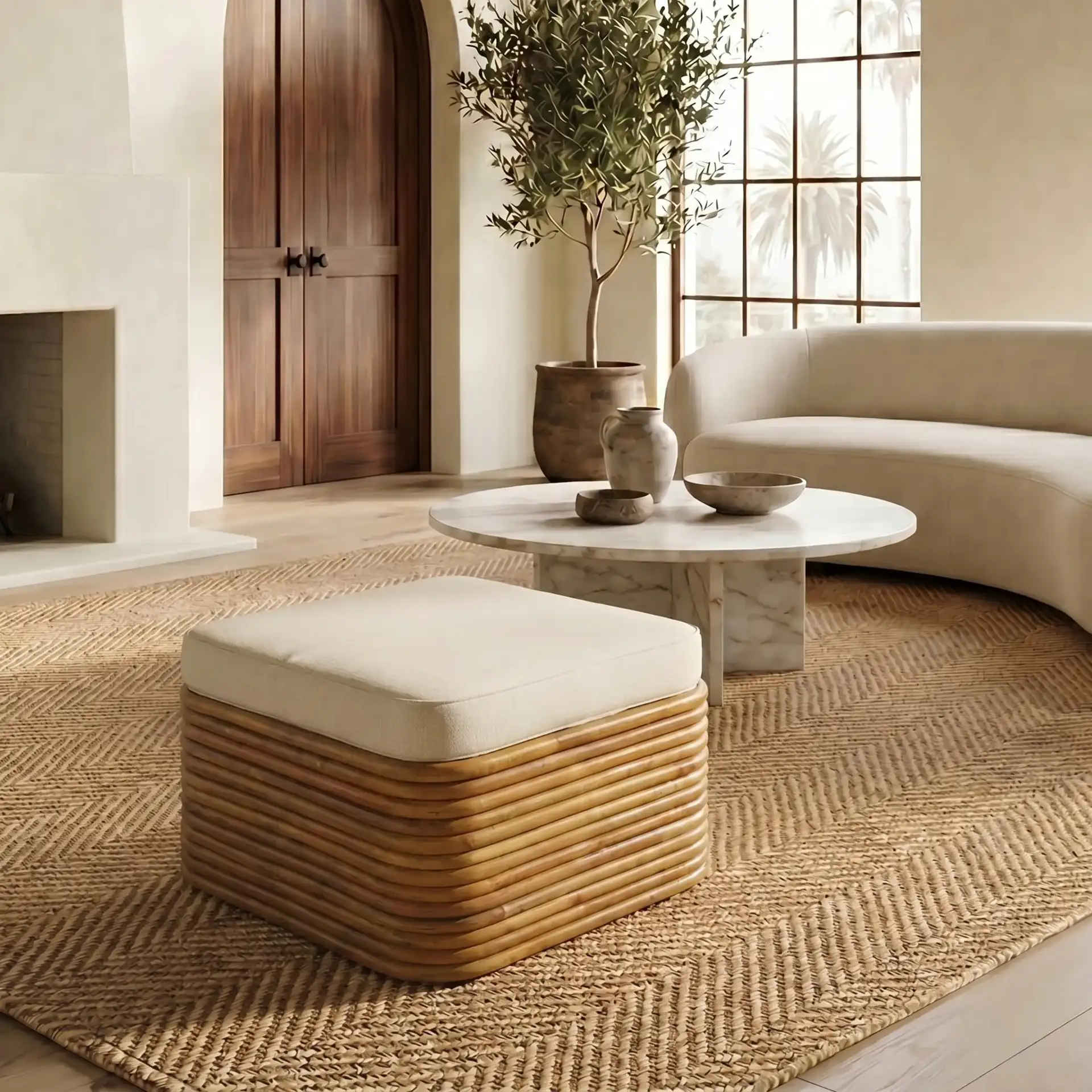 Flanders Rattan Pole Ottoman in Natural / White in a styled room
