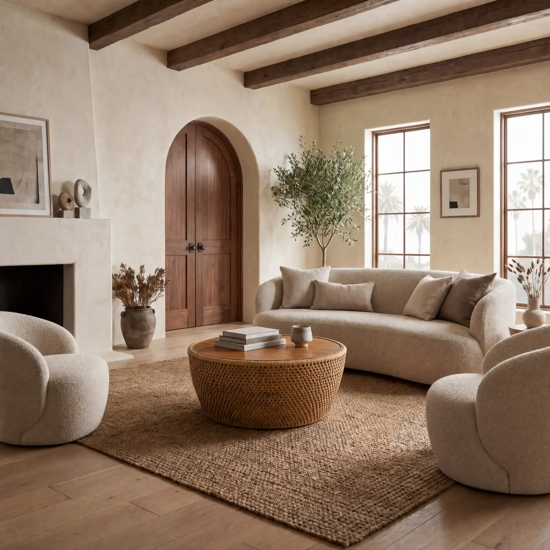 Braylen Rattan Round Coffee Table in Natural in a styled room