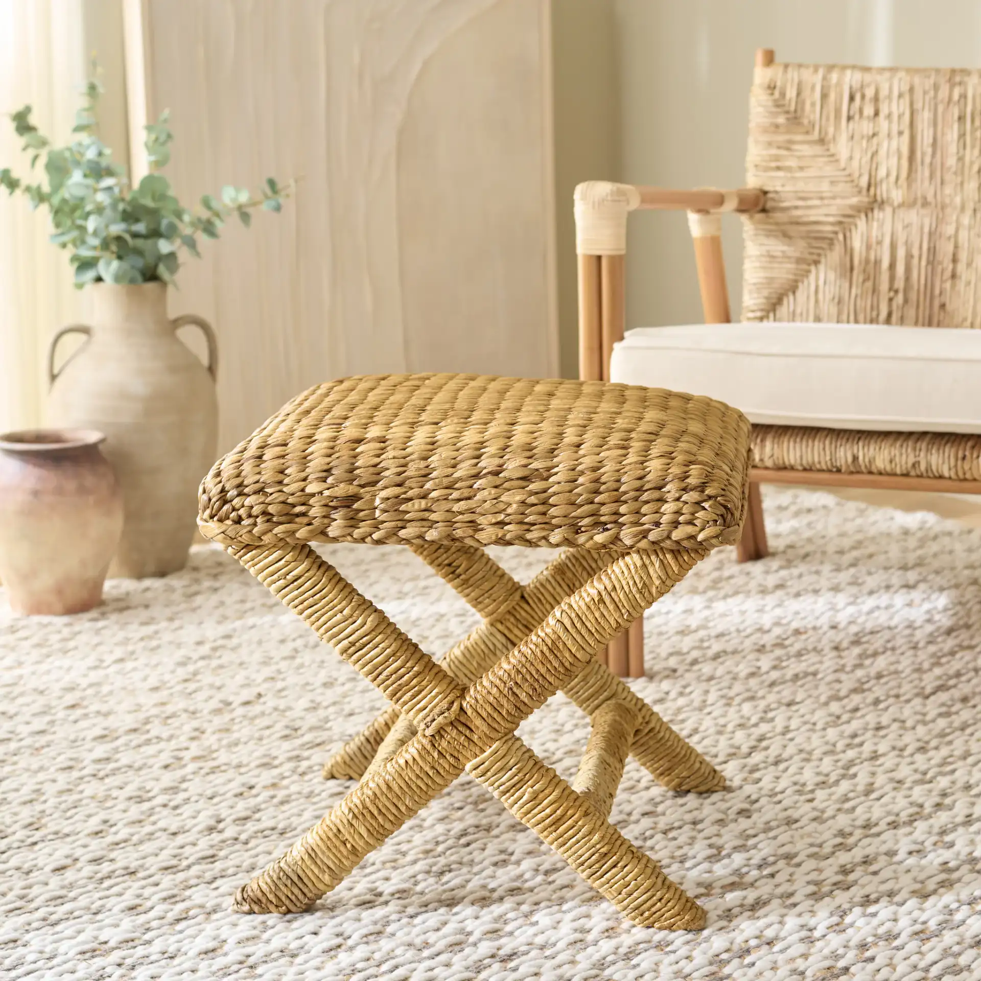 Caprianna Waterhyacinth Stool in Natural in a styled room