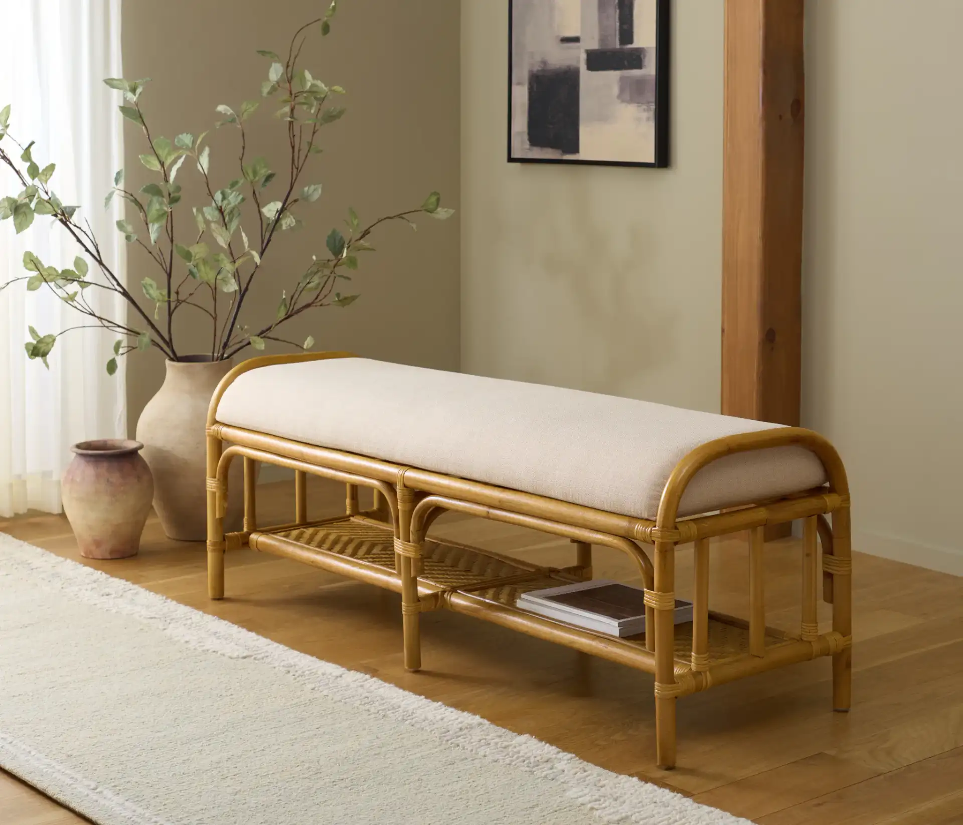 Flanders Rattan Pole Bench in Natural / White in a styled room