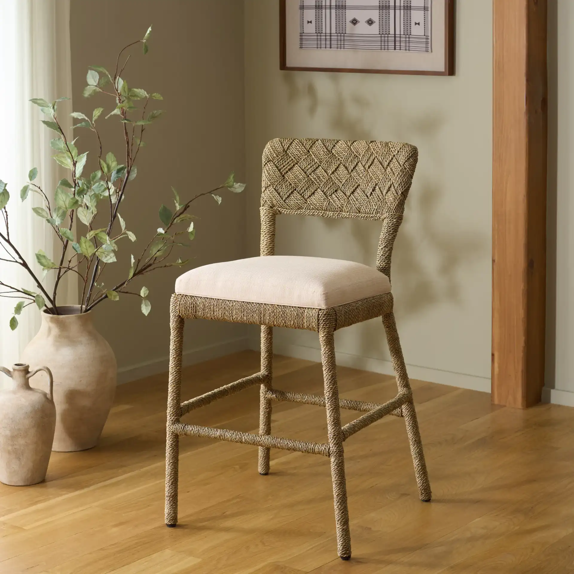 Rosemarie Seagrass Counter Stool in Natural / Beige in a styled room