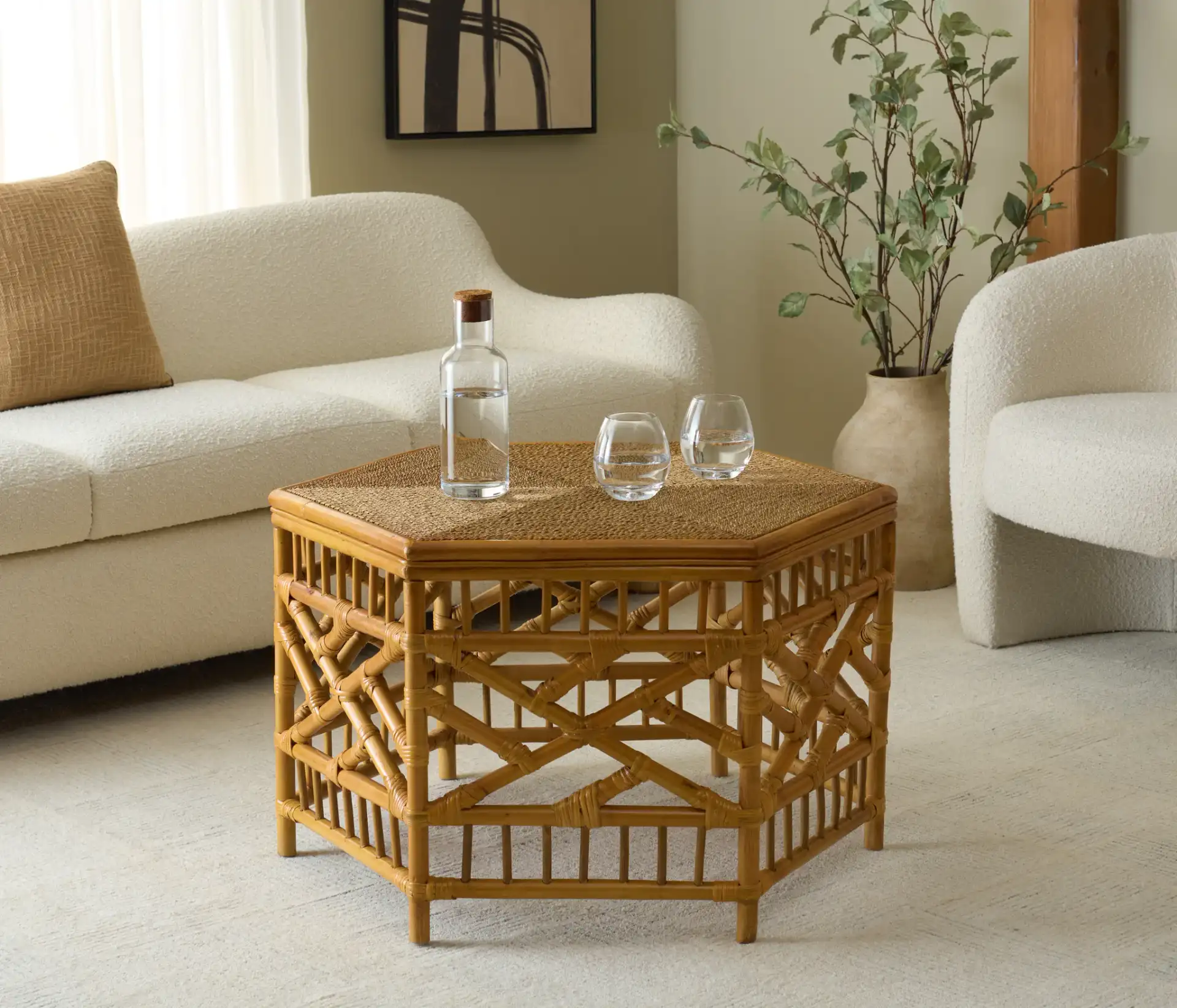 Frederica Rattan Coffee Table in Natural in a styled room