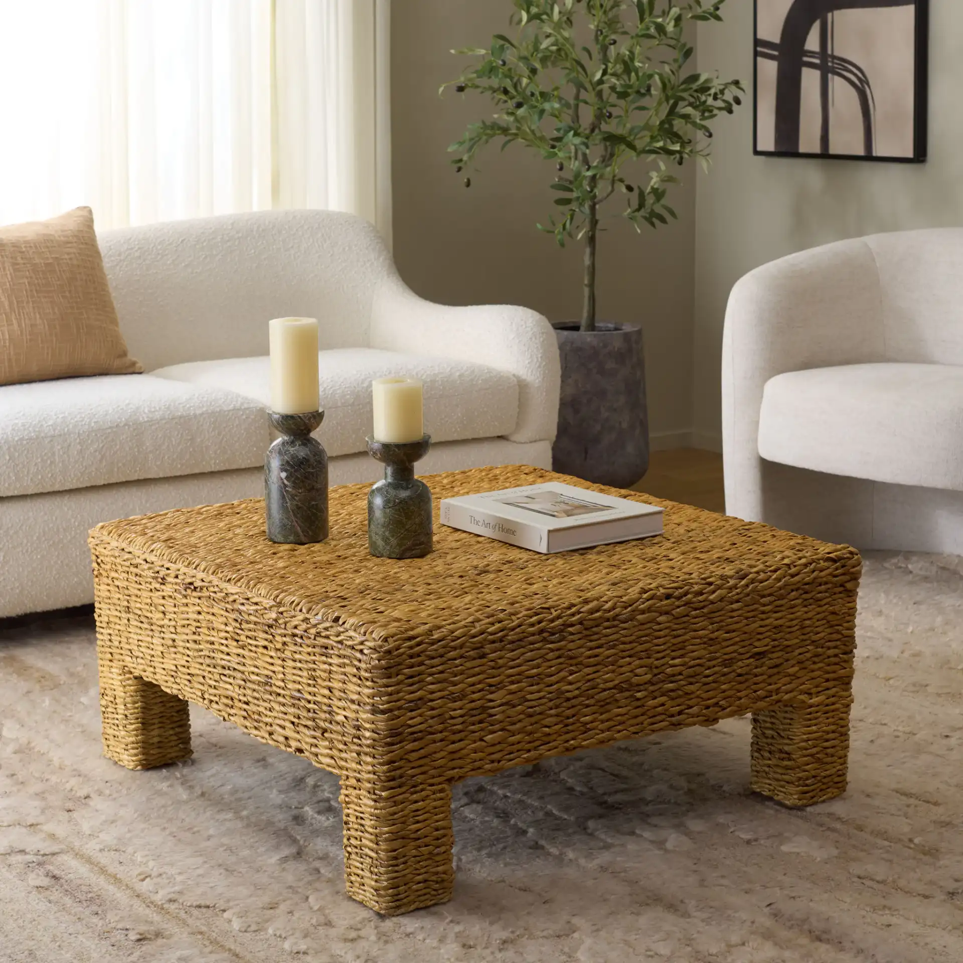 Donovan Abaca Square Coffee Table in Natural in a styled room