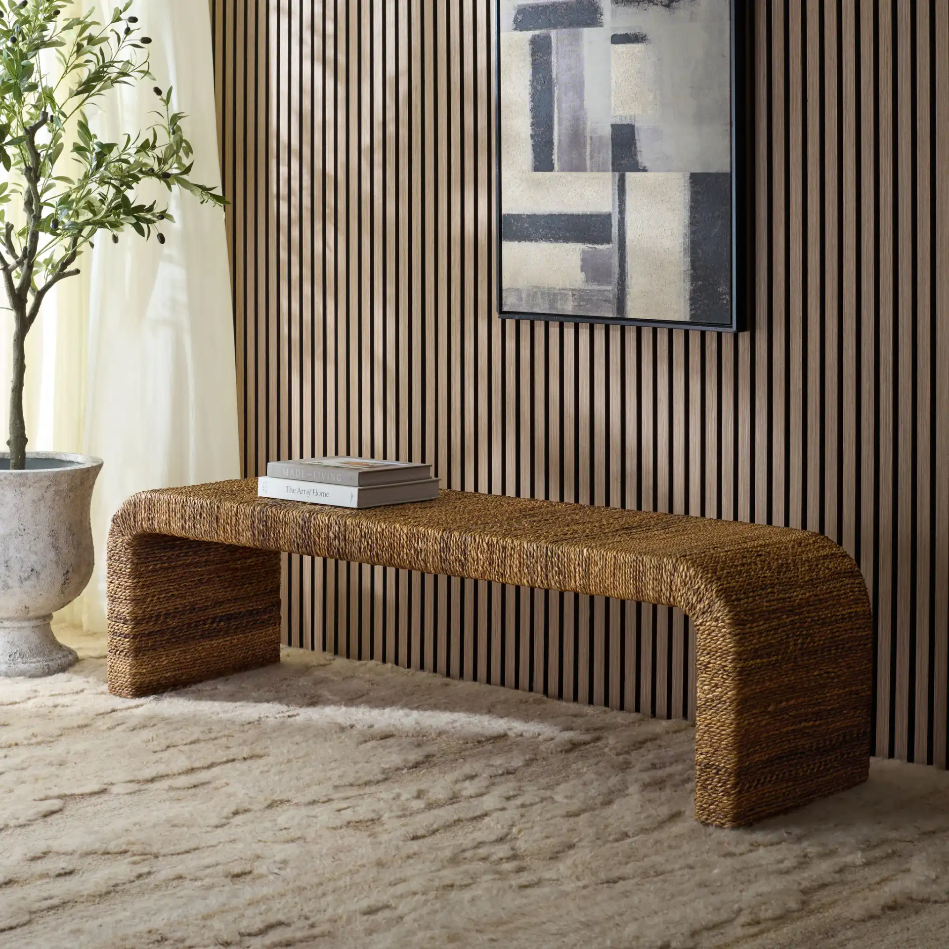 Akina Woven Abaca Bench in Natural in a styled room
