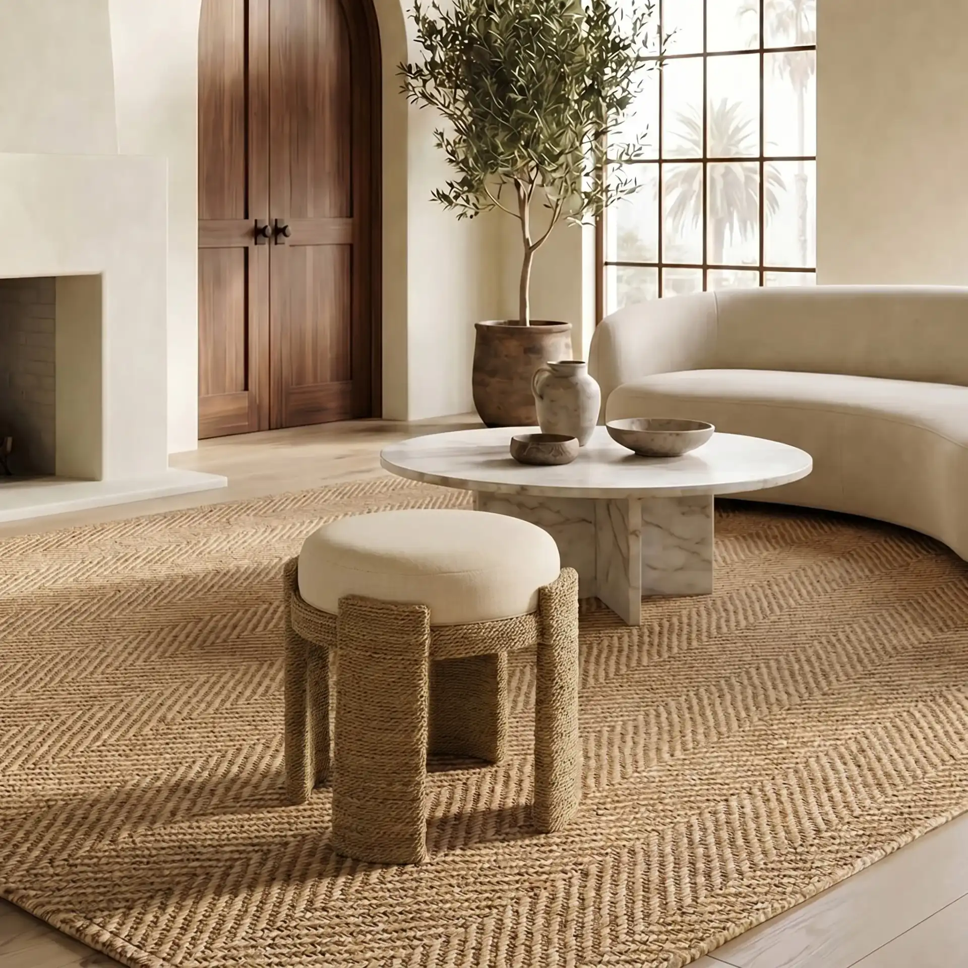 Grimaldi Seagrass Round Ottoman in Natural / Beige in a styled room
