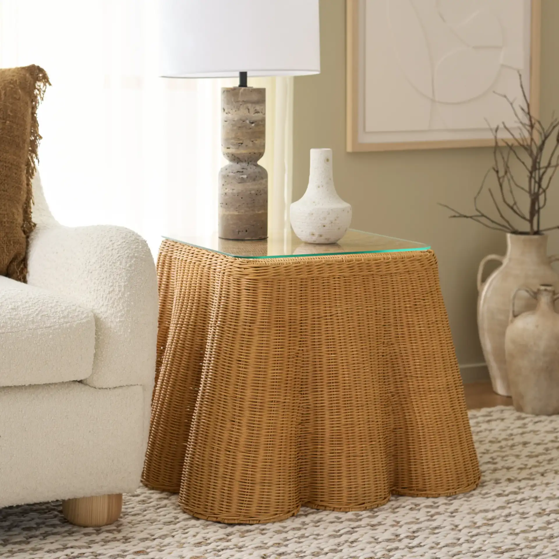 Hylda Square Rattan Accent Table in Natural in a styled room