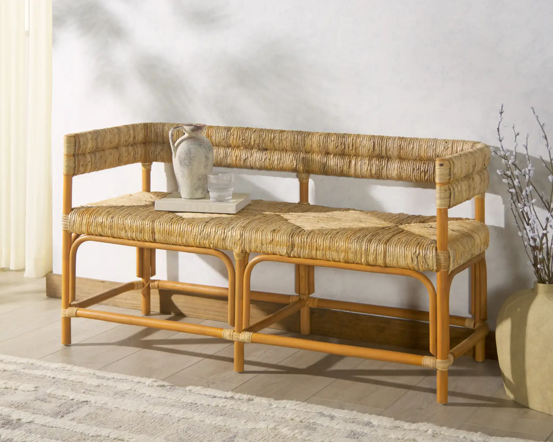 Elexa Banana Weaving Bench in Natural in a styled room