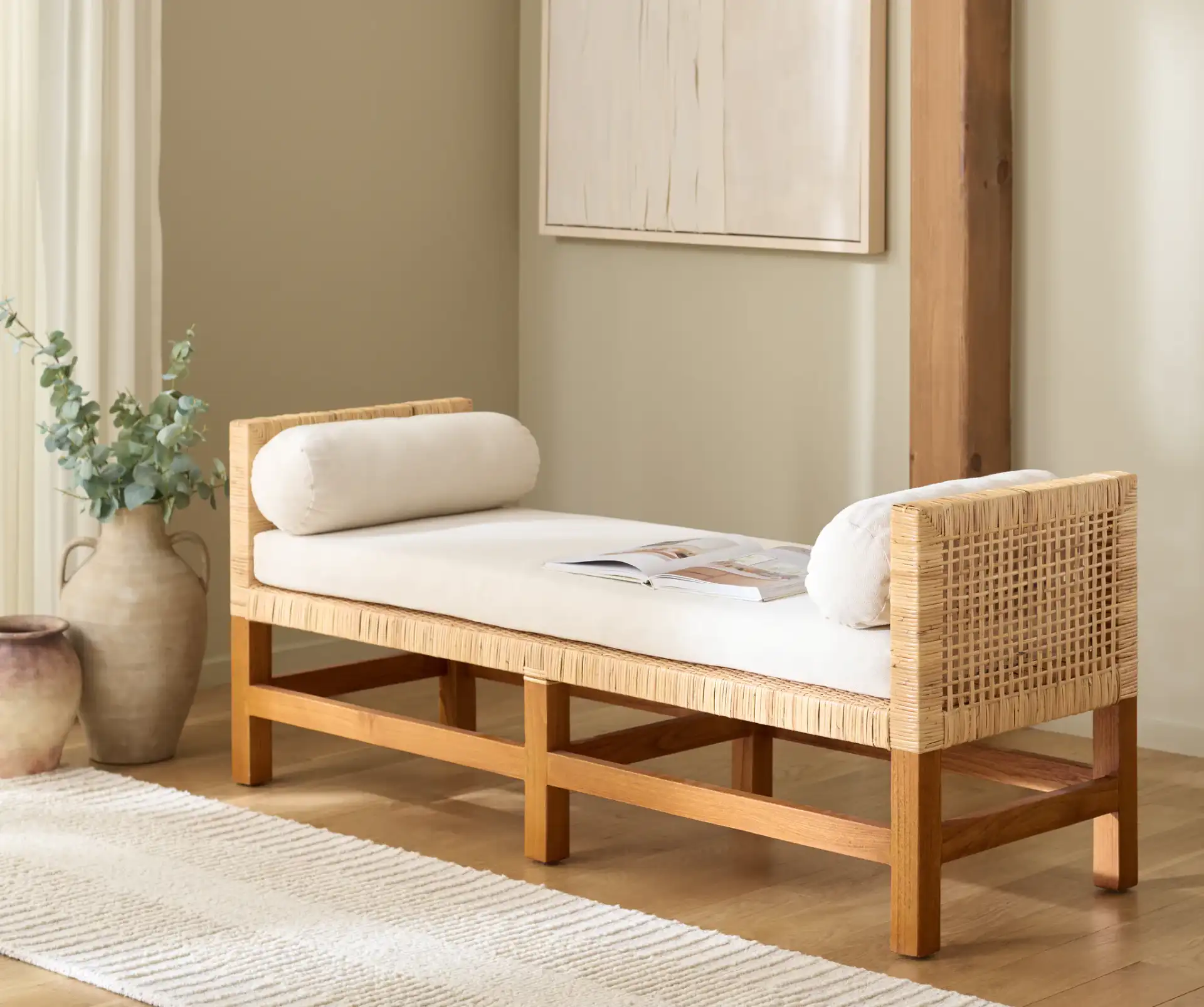 Cryslene Teakwood Bench in Natural / White in a styled room