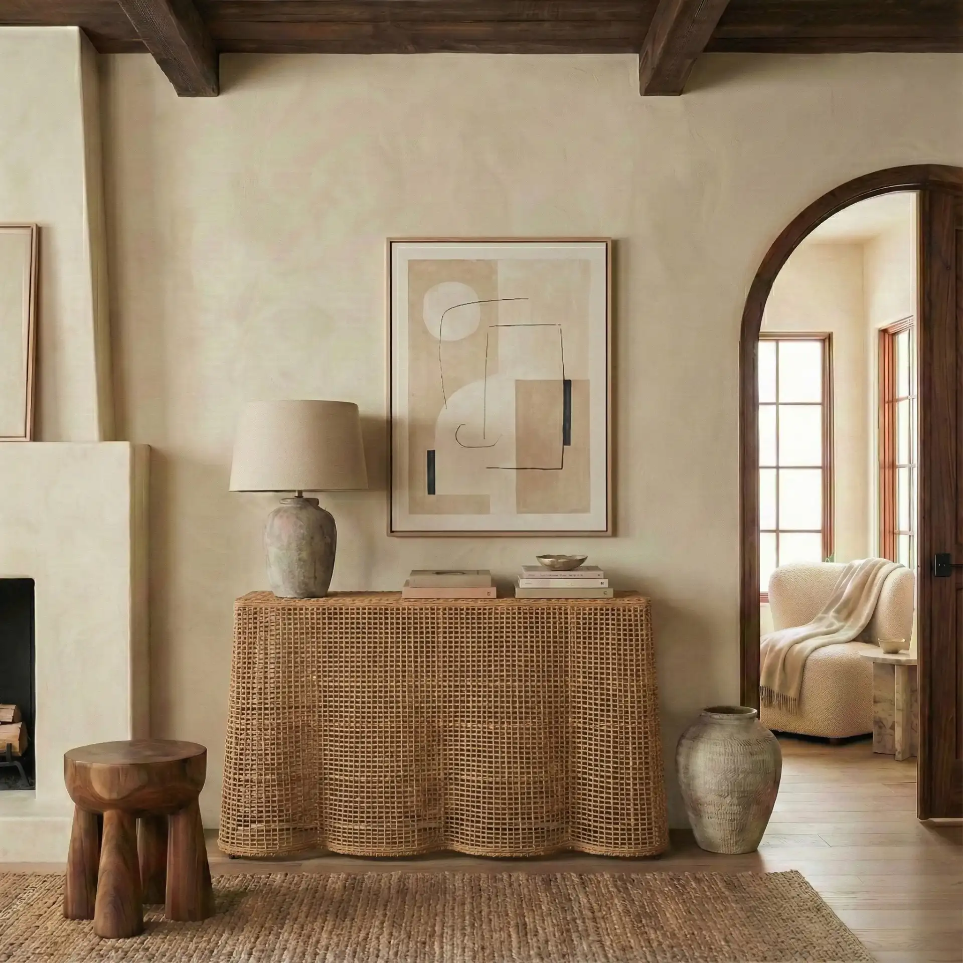 Jilliette Rattan Console Table in Natural in a styled room