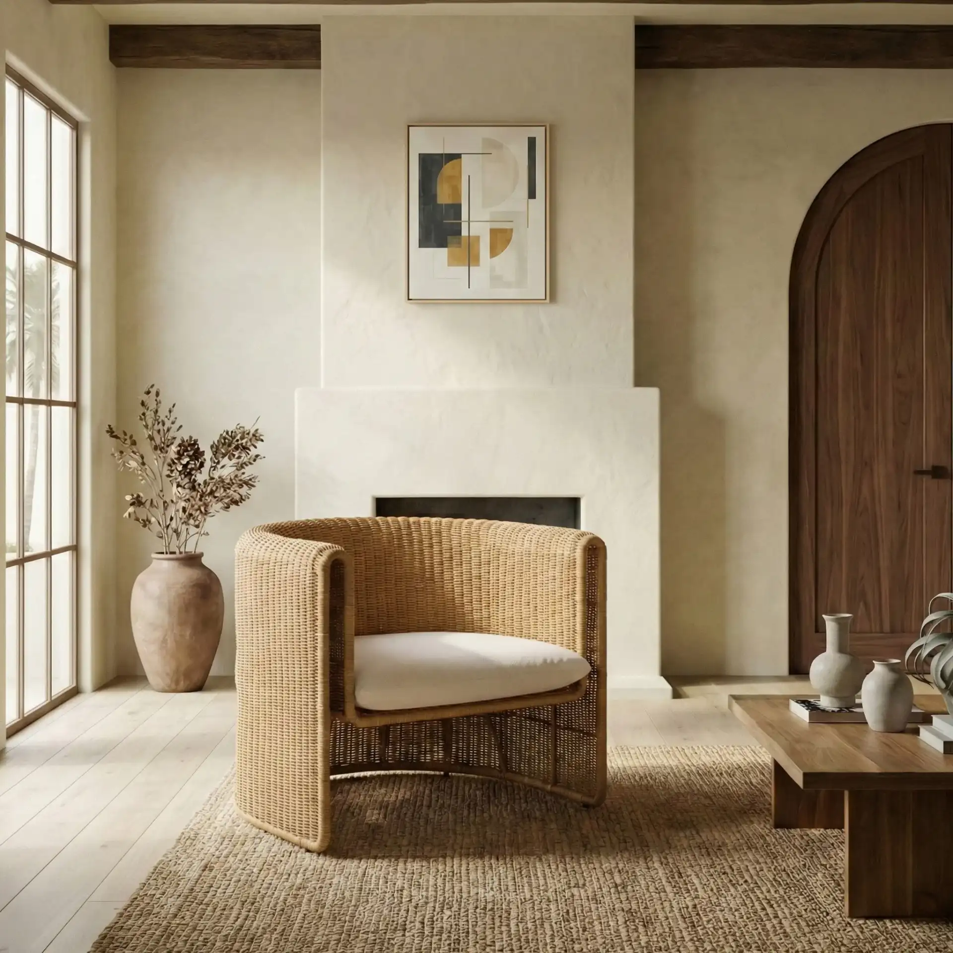 O'Reilly Rattan Accent Chair in Natural / White in a styled room